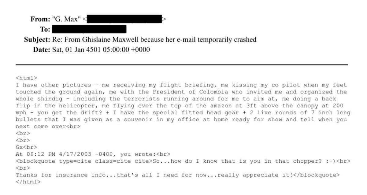 Usted dijo en entrevistas radiales que sí se había montado al avión de Epstein, no siga mintiendo. 

Lo que usted llama “una vuelta en helicóptero” Ghislaine Maxwell, en los archivos del DOJ, dice que fue una “fiesta” en donde ella pudo dispararle a “terroristas”. 

¡Responda!