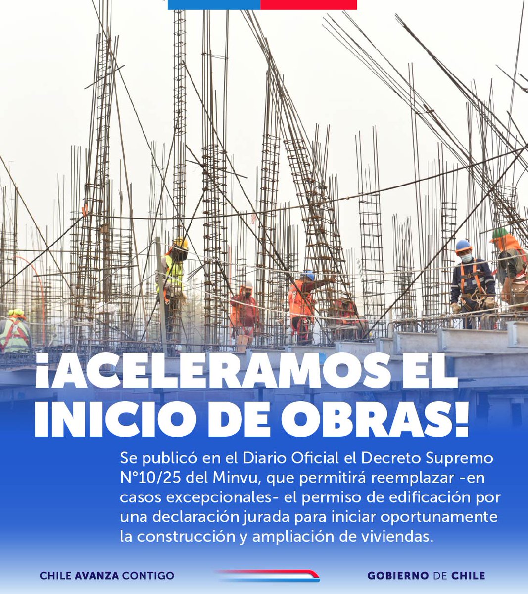 Minvu's tweet photo. Se publicó el DS N°10/25 del Ministerio de Vivienda y Urbanismo, que permitirá en casos excepcionales iniciar obras con declaración jurada en lugar de permiso de edificación🏗️La medida agiliza proyectos en zonas rurales, ampliaciones, reconstrucción y viviendas industrializadas. https://t.co/h418T61XN8