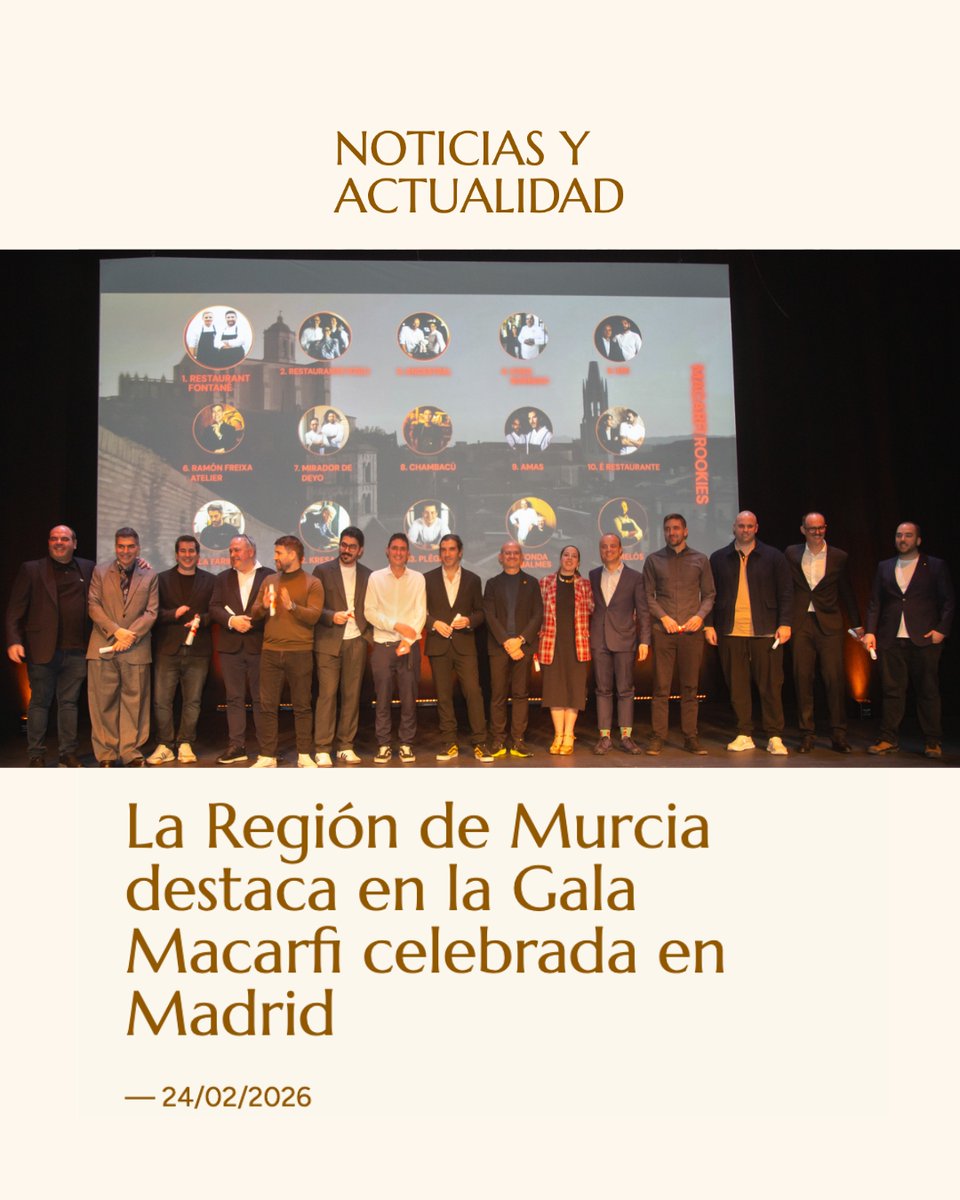 Ayer se celebró la XI edición de la Guía Macarfi y la Región de Murcia, una vez más, respondió con sabor.
1️⃣5️⃣ restaurantes de la Región figuran en el TOP regional 2026 (Cabaña Buenavista; Magoga; Frases; Barahonda; Kappou Makoto; Local de Ensayo; Estirpe; Gran Rhin, Tándem; Por