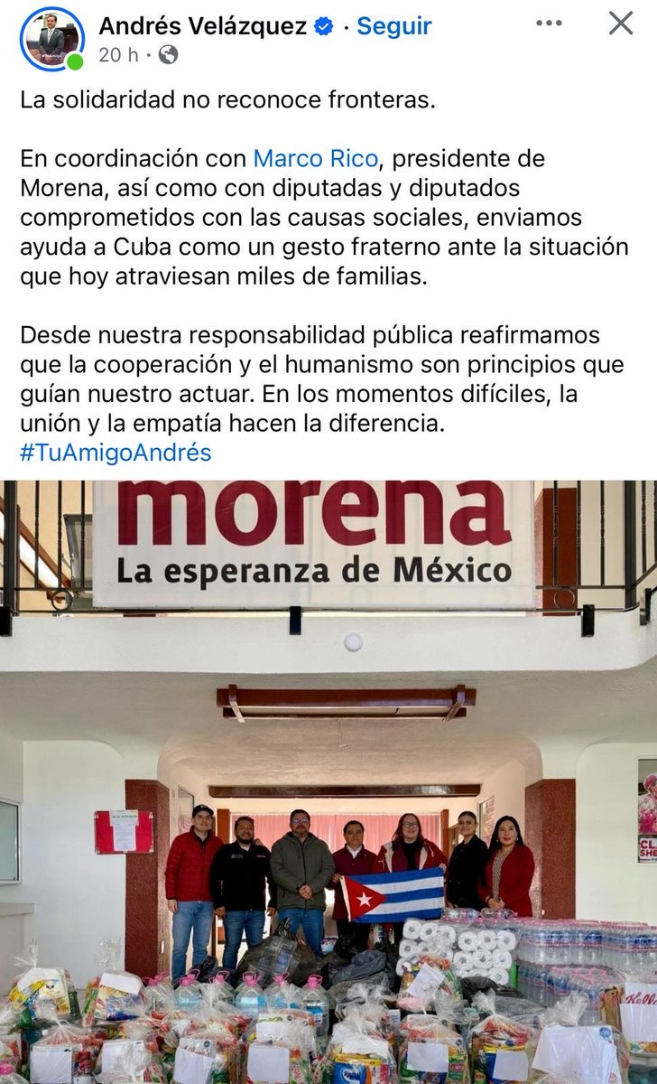 🚨 Diputado de Morena prefiere enviar ayuda a Cuba 🇨🇺 que a mexicanos afectados por el crimen organizado.

Es el caso del diputado de la 4T <a href="/AndresVeVa_/">Andrés Velázquez Vázquez</a> en Hidalgo quien presumió que junto a un grupo de legisladores levanta dedos de esos que le gustan a Morena para enviar ayuda a