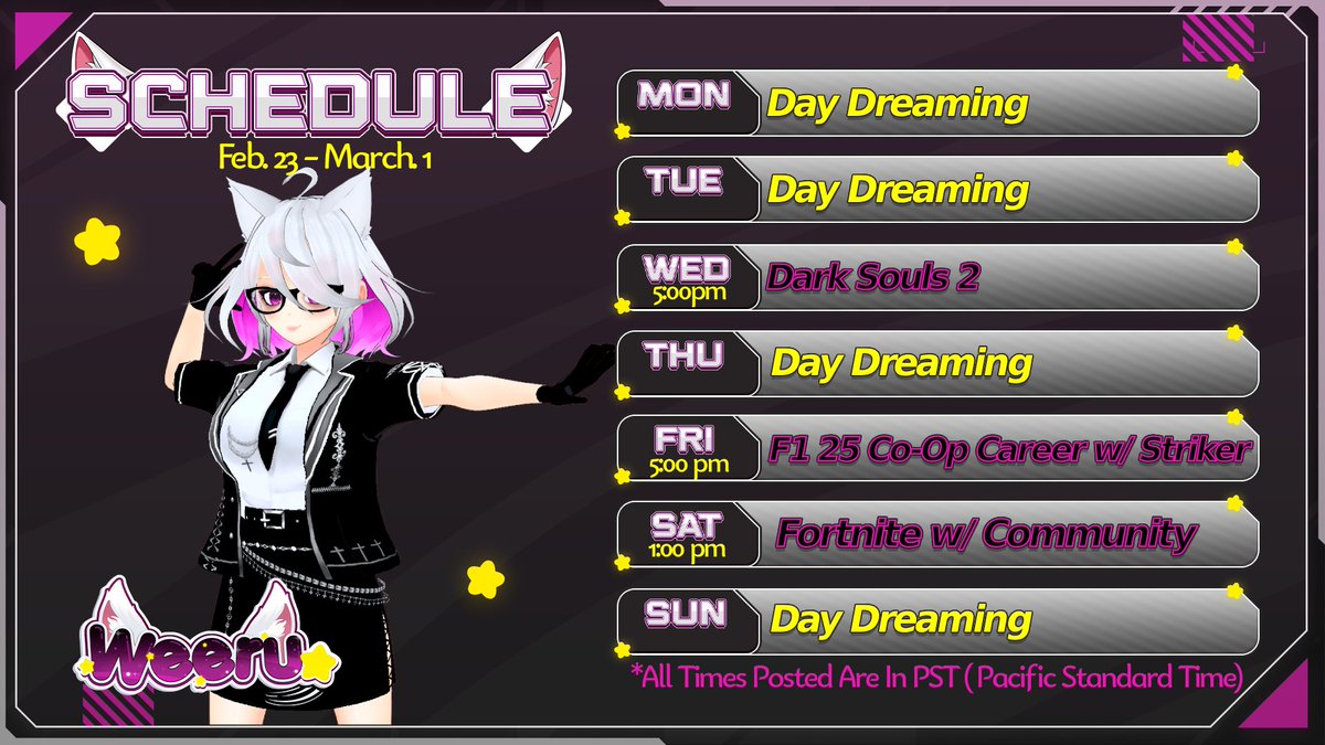 ✨Stream Schedule For Feb. 23 - March 1✨

I'm recovering from a fever... again 🙃 anyway better late than never

Hope to see ya there!🫂💫