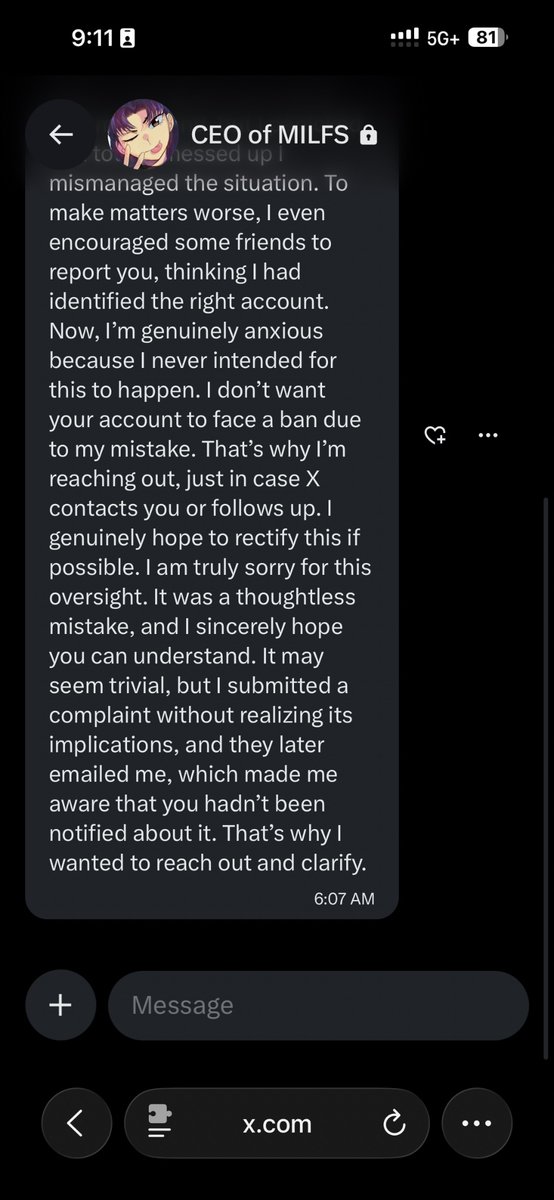 guts28154643's tweet photo. I usually don’t post anything on here, but I think this should be addressed. I’ve almost been scammed and potentially almost lost my account. I had a conversation with an account supposedly being. CEO OF Millfs claiming that they accidentally reported on me in a few others. Here are some screenshots of our conversation. Please be careful