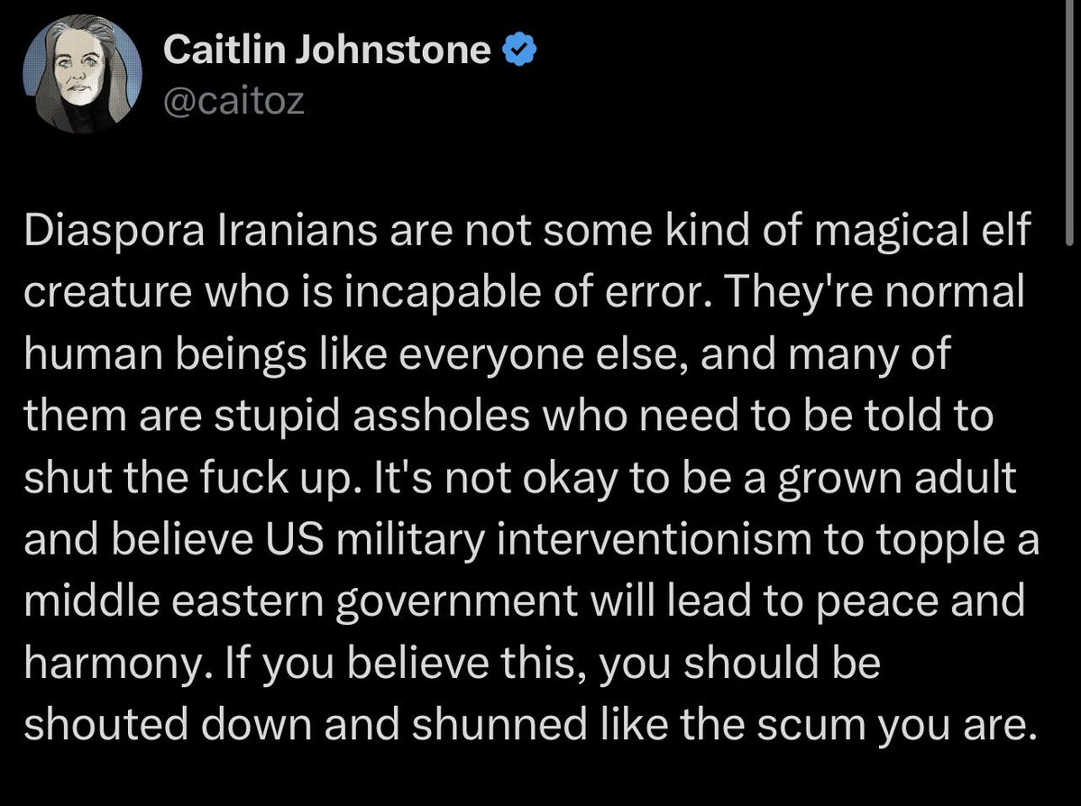 What these outbursts actually point to is a deep disdain for the marginalized communities Johnstone speaks over. She does not view Iranians as capable of political autonomy. 

What’s worse is that Iranians lived experiences are treated as an inconvenience when they conflict with