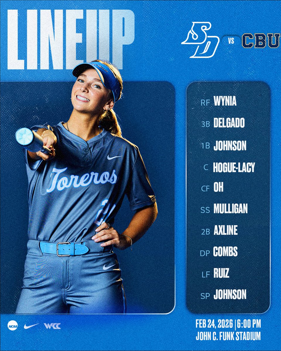 USDSoftball's tweet photo. Lineup tonight against the Lancers! 👇

📺: https://t.co/kYw6mO4MoC 
📈: https://t.co/czYrtsZ82m 
🎟️: https://t.co/nMUvHWGd21 

#GoToreros https://t.co/KpQLsdsHRl