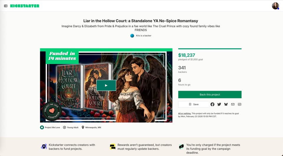 Just a few hours left to grab the special edition early access print of Liar in the Hollow Court! It’s a clean YA fae fantasy, think The Cruel Prince meets Pride and Prejudice with Friends found-family vibes. ❤

Don’t miss it! 😃
 kickstarter.com/.../bethanyat.…