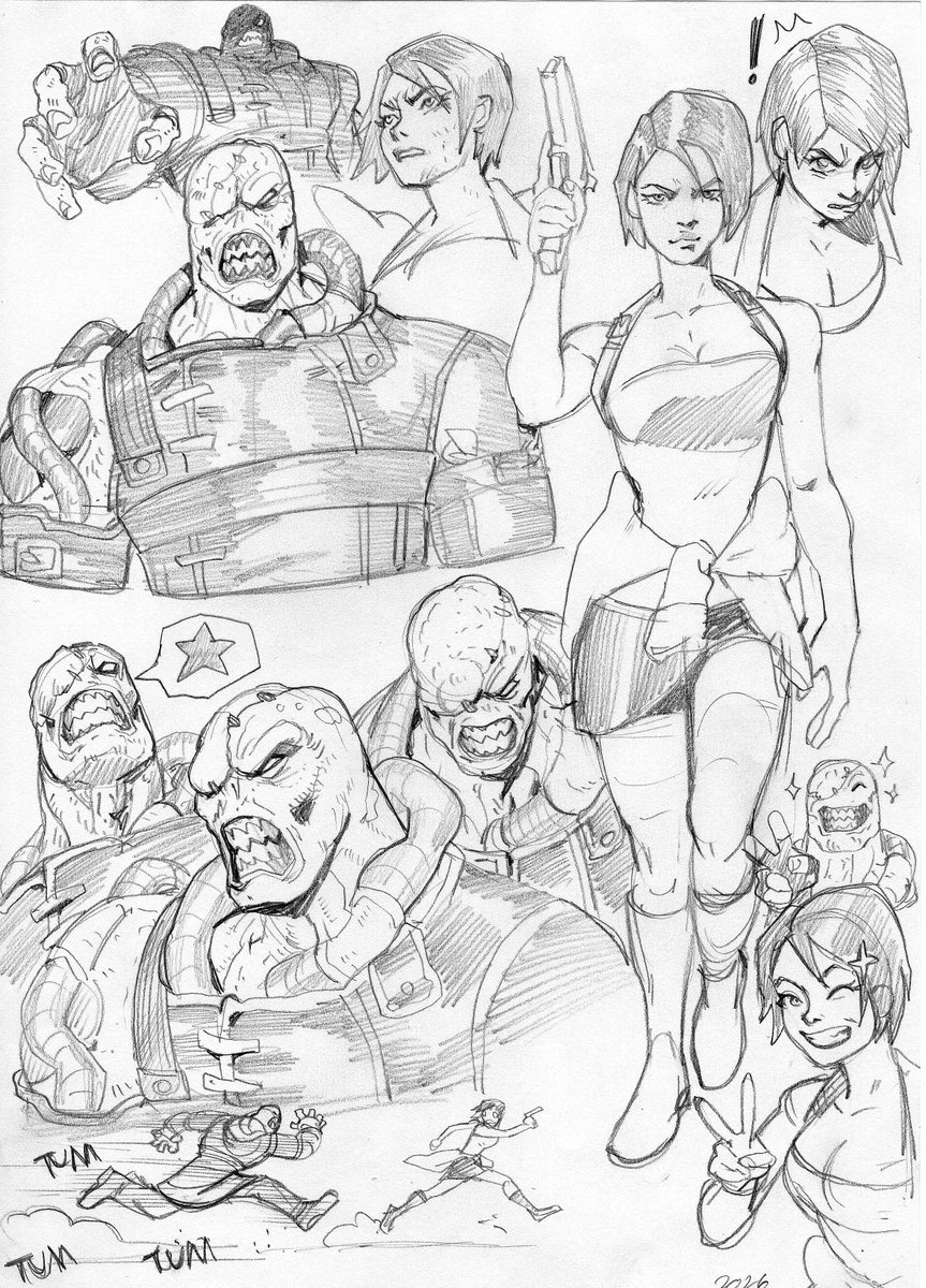 CanalBrushRush's tweet image. Tenho amado fazer sketches com vários ângulos numa mesma página, aqui estava dando uma familiarizada com o Nemesis e a Jill de #residentevil3 #fanart #nemesis #jillvalentine Era para ser um rascunho mais solto, mas acabei me empolgando! haha