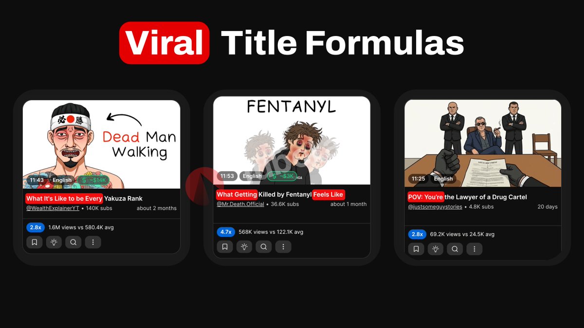 VIRAL TITLE FORMULAS

The best YouTube channels don't reinvent the wheel.

They use proven formulas and twist them into new topics.

Here are 7 that are going viral right now

Bookmark this. Twist them. Get more views 🧵