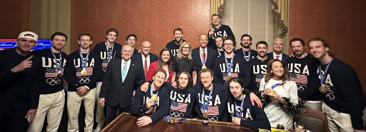 SteveScalise's tweet photo. It was an honor to welcome the USA Olympic hockey team to the Capitol for the State of the Union address.

Don’t worry - I gave Jack Hughes his gold medal back 🥇🇺🇸 https://t.co/7WDJuj4w8s