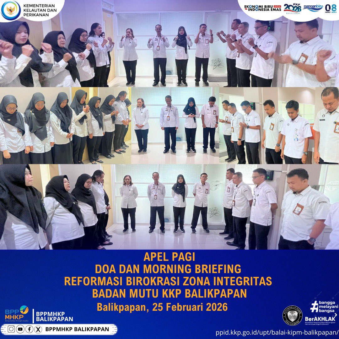bppmhkp_bpn's tweet photo. Dengan Slogan nya “Kuat Sukses Maju Bersama”
Apel Pagi
Doa dan Morning Briefing
#BPPMHKP
#PanganBiru
#25tahunkkp
#sailbeyondwithblueeconomy
#2025KKPRiseTogether
#EkonomiBiruUntukIndonesiaEmas
#KKPGOID
#SaktiWahyuTrenggono https://t.co/LI1WIOf4Bu