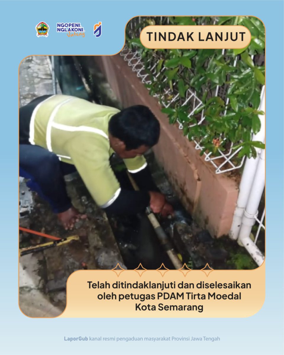LaporGub_'s tweet photo. π§ Sambat Tuntas:
Kebocoran di area galian PDAM Kota Semarang yang dikeluhkan warga, kini sudah diperbaiki.
Laporanmu berperan langsung dalam perbaikan layanan.
Yuk, terus lapor lewat LaporGub.
#LaporGub
#SambatMudah
#NgopeniNglakoni
#LayananPublik
#LayananDigital https://t.co/xiye21fzlF