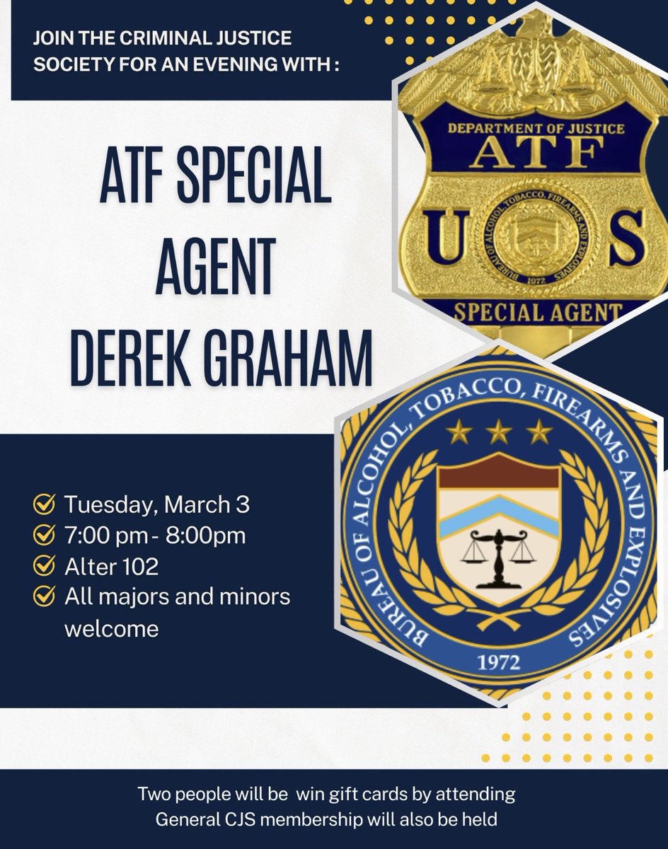 XUCJSociety's tweet photo. Join the Criminal Justice Society for an exciting evening with ATF Special Agent Derek Graham on Tuesday, March 3, 7:00–8:00 pm in Alter 102!
 
Open to all majors and minors. Two attendees will win gift cards just for coming! https://t.co/RO4IzFFcSJ