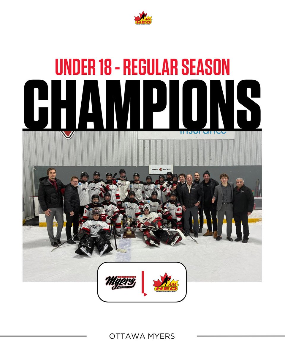 heoaaaleague's tweet photo. Champions crowned. 🏆

Congratulations to the 2025–26 HEO AAA League Champions:

🏆 U12 – Ottawa Junior 67s
🏆 U13 – Ottawa Myers
🏆 U14 – Ottawa Valley Titans
🏆 U15 – Ottawa Junior 67s
🏆 U16 – Upper Canada Cyclones
🏆 U18 – Ottawa Myers https://t.co/AuJjrh3W8r