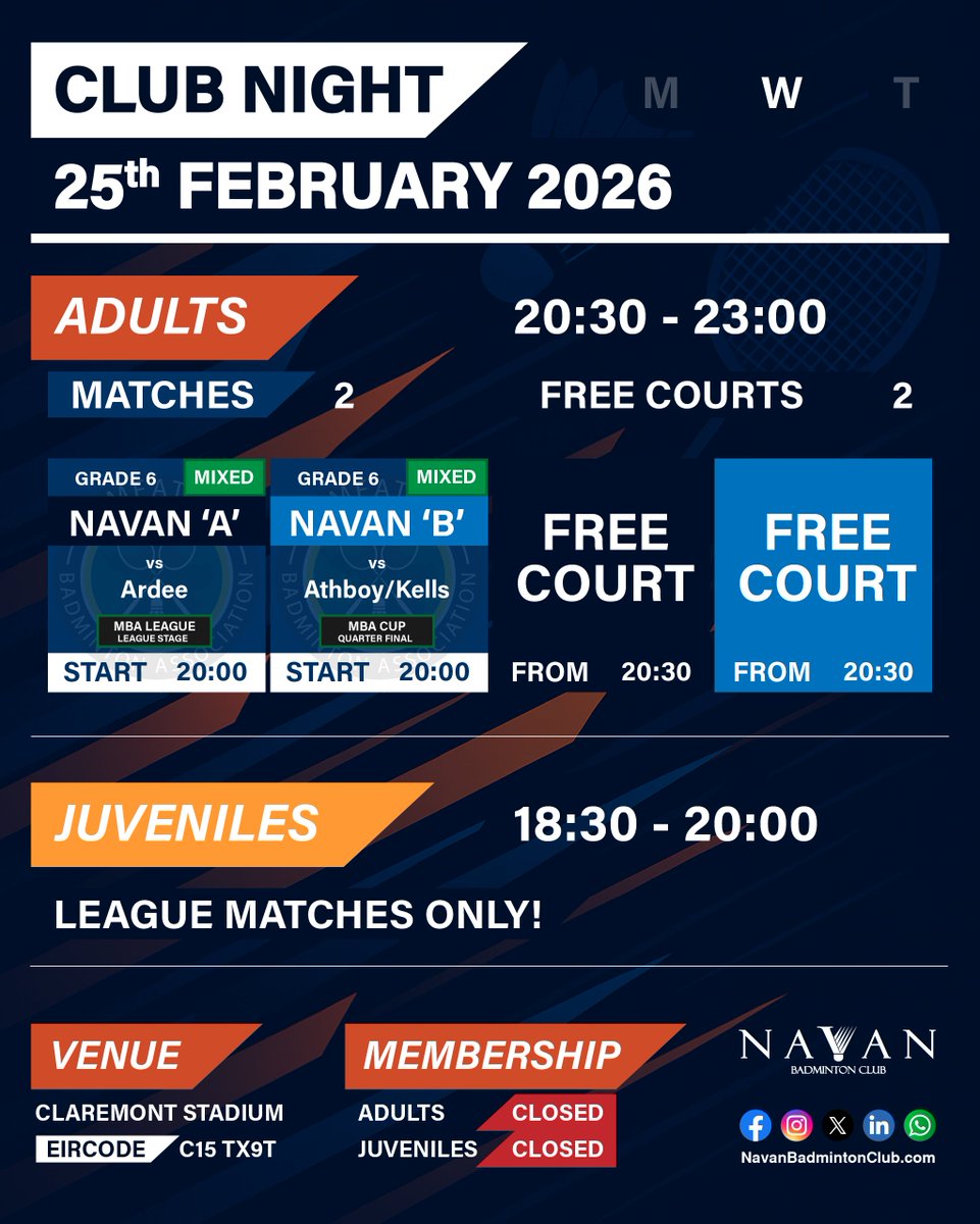 NavanBC's tweet photo. It's all the #family sitting an #exam on the same day at #Wednesday #ClubNight at @ClaremontNavan. 2 Matches!
G6X 'A' v #Ardee | G6X 'B' v #Athboy/#Kells
2 COURTS from 8:30pm & Juvenile Club (League Matches Only)
Don't miss this must-win night! #Navan #Meath #Badminton #Ireland https://t.co/o9jVU6Yszi