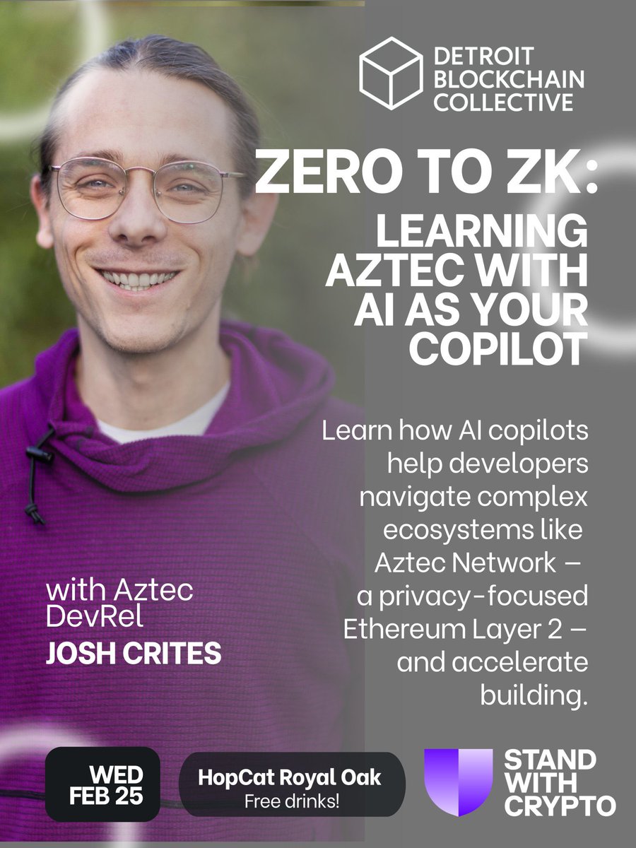 I’ll be there tomorrow! 

Excited for the Crypto Connect mixer at HopCat Royal Oak starting at 6 PM with Josh Crites talk on ‘Zero to ZK’.

Please join us for networking, community vibes, and free drinks 🥂

<a href="/DetBlockchain/">Detroit Blockchain Collective</a> <a href="/ElizabethHa/">Elizabeth Hansson🛡️</a> <a href="/critesjosh_/">josh crites</a> <a href="/aztecnetwork/">Aztec</a>