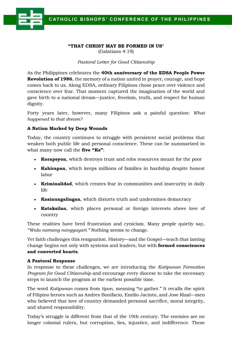 cbcpnews's tweet image. READ: CBCP pastoral letter on good citizenship for the 40th anniversary of the 1986 #EDSA People Power Revolution #EDSA40 #EDSAPeoplePower