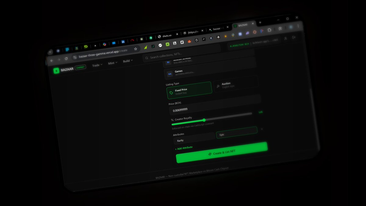 _BazaarNFT's tweet photo. Minting is stupidly clean: → Upload image to IPFS (Pinata) → Metadata pinned on-chain as a CID in the NFT commitment field → CashTokens NFT created in one transaction → Autolisted immediately
Set royalties from 0–25%. Enforced by covenant. Forever. https://t.co/lAilRtb5p8