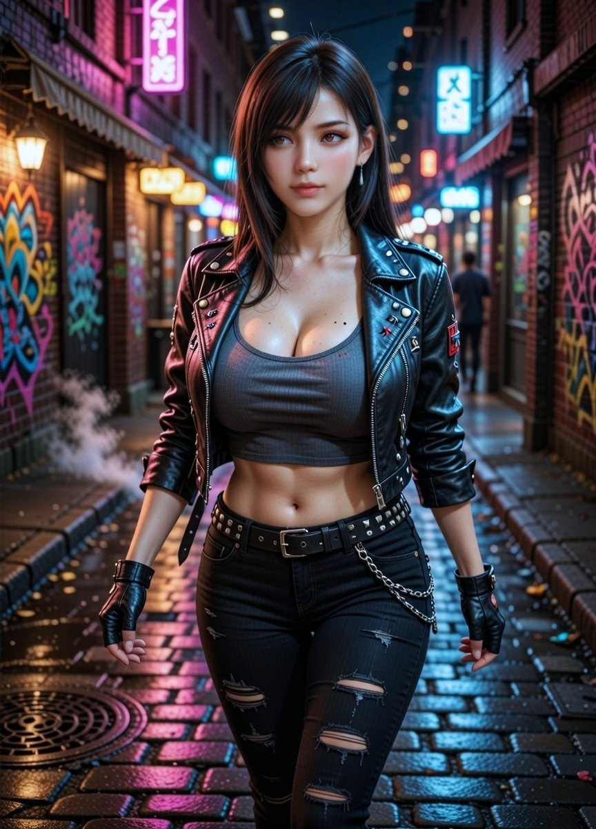 TifaDreamsAI's tweet photo. Chain belt swinging, neon signs blazing — leather gloves, crop top, pure cyber edge 🖤 https://t.co/tpzPNByEm8