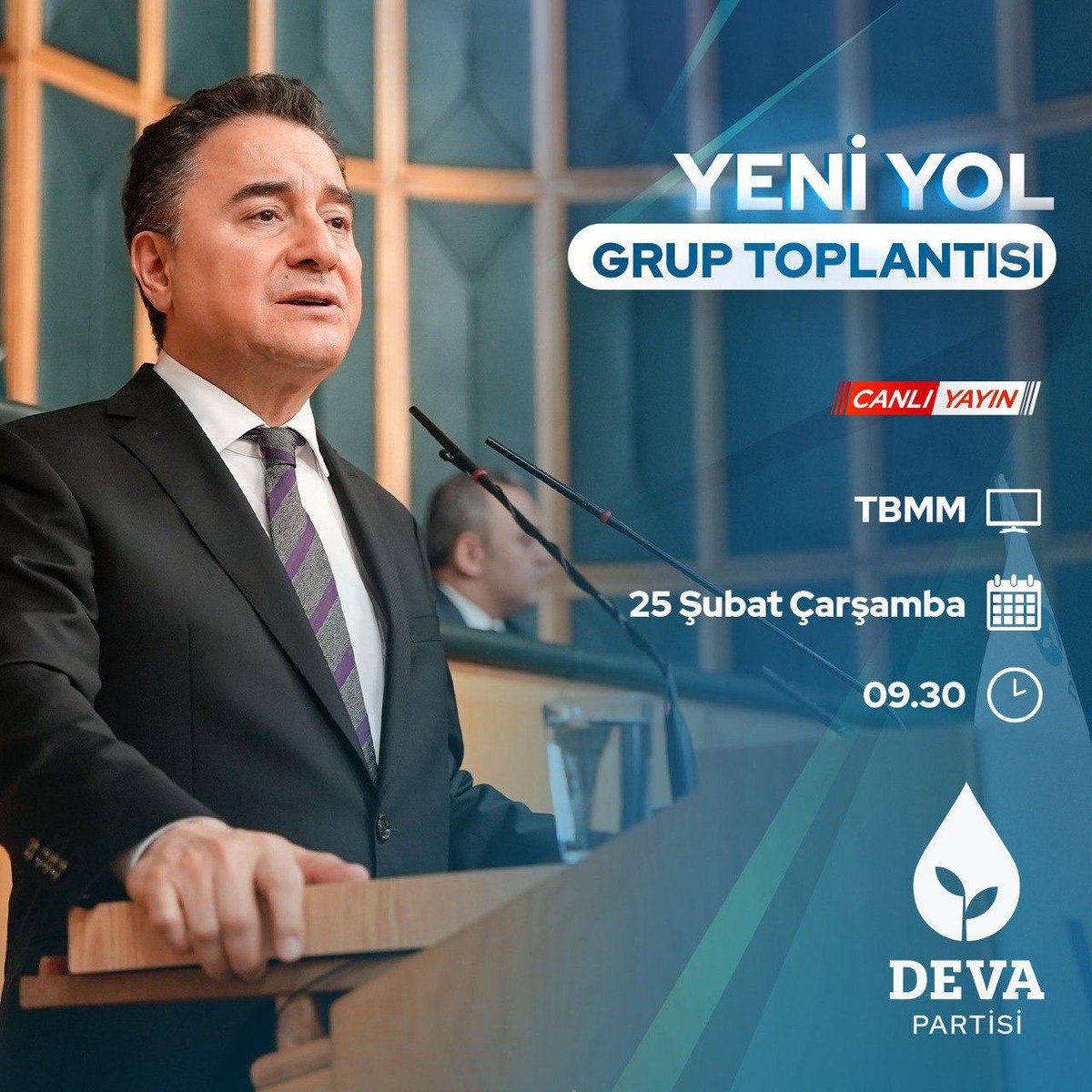 Yarın saat 9.30’da Türkiye Büyük Millet Meclisi'nde Yeni Yol Grup Toplantımızı gerçekleştireceğiz.<a href="/devapartisi/">DEVA Partisi</a> <a href="/alibabacan/">Ali Babacan</a> <a href="/avidrissahin/">Av. İdris Şahin</a> <a href="/emin_ekmen/">Mehmet Emin Ekmen</a> <a href="/hasankaraltr/">Hasan Karal</a> <a href="/KaracaSeyit/">Dr.Seyit Karaca</a> <a href="/IhsanMerdanoglu/">Ali İhsan Merdanoğlu</a> <a href="/erginsadullah/">Sadullah Ergin</a> <a href="/Kerimoglukadir1/">Kadir Kerimoglu</a>  <a href="/DmSeydo/">SEYDO DEM</a> <a href="/DerikDeva/">DEVA PARTİSİ DERİK iLÇE BAŞKANLIĞI RESMİ HESABI</a>