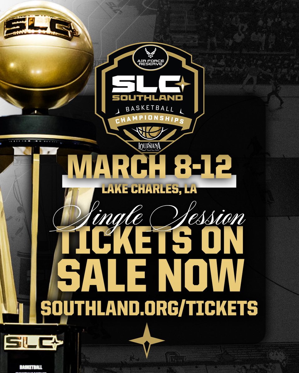 SECURE YOUR TICKETS TODAY 🎟️

Single session tickets are here and they’ll go fast! Grab yours today and be a part of the 2026 Air Force Reserve Southland Conference Basketball Championships pres. by Louisiana Office of Tourism!

🎟️ vivenu.com/seller/southla…