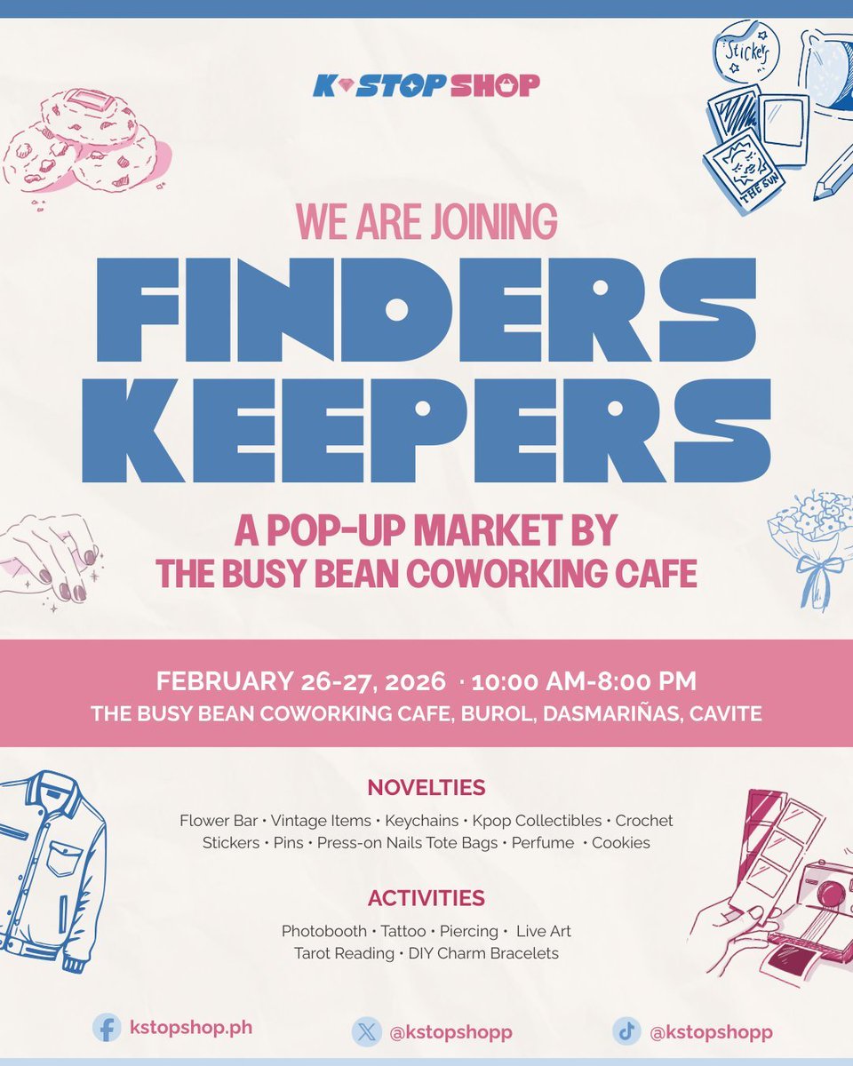 kstopshopp's tweet photo. Tomorrow is the day! We’re officially stepping out from behind the screen and into real life.

Come and join us at
'FINDERS KEEPERS' by the Busy Bean Working Cafe
on February 26–27, 2026 at 10:00 AM to 8:00 PM

Here are some details you want to know!

See you there 💖 https://t.co/hCicr2D7im