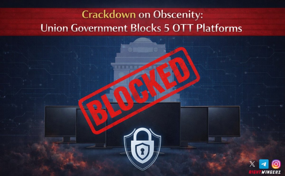 RWingerz's tweet photo. The Ministry of Information and Broadcasting blocked five OTT platforms - MoodXVIP, Koyal Playpro, Digi Movieplex, Feel, and Jugnu for streaming vulgar content.
Invoking Section 69A of the IT Act, officials cited violations of decency standards and sexually explicit material. https://t.co/ARECiumP3W