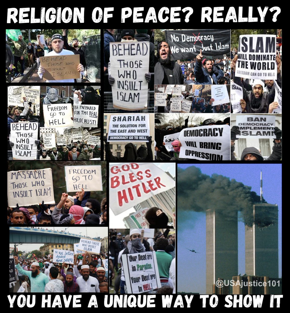 Islam means submission. Your Leaders are
teaching you to takeover, not to coexist.
When you hijack American and European streets,
and push your radical Sharia on us, the World is
reacting viciously. You came here, just learn to coexist.