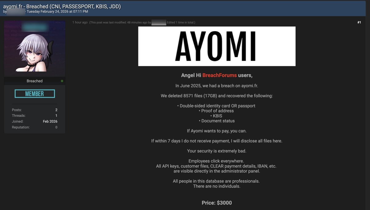 🚨🇫🇷 Ayomi victime d'extorsion de données

Ayomi est une plateforme en ligne française spécialisée dans la levée de fonds en equity pour les PME, startups et entreprises. 
- Matching investisseurs via IA 
- Projections financières &amp; support juridique 
- Levées à partir de 20k€,