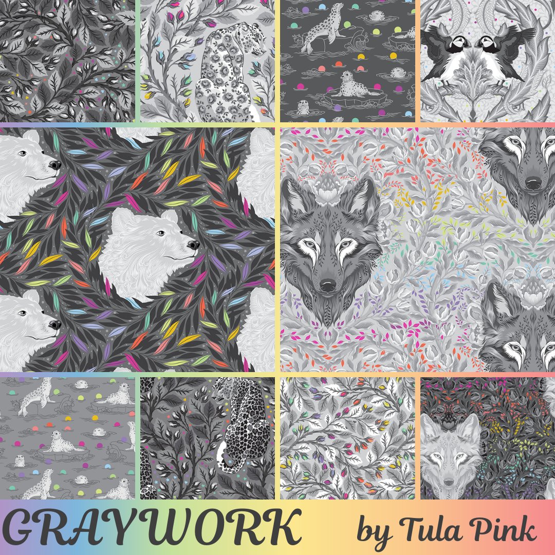 Tula Pink Graywork Collection - I find it impossible to leave something completely void of color. For the main prints of the collection I focused on animals that live their lives in shades of gray: Wolves, Bears, Snow Leopards, Puffins and Sea Lions. 

tinyurl.com/3jeff6m5