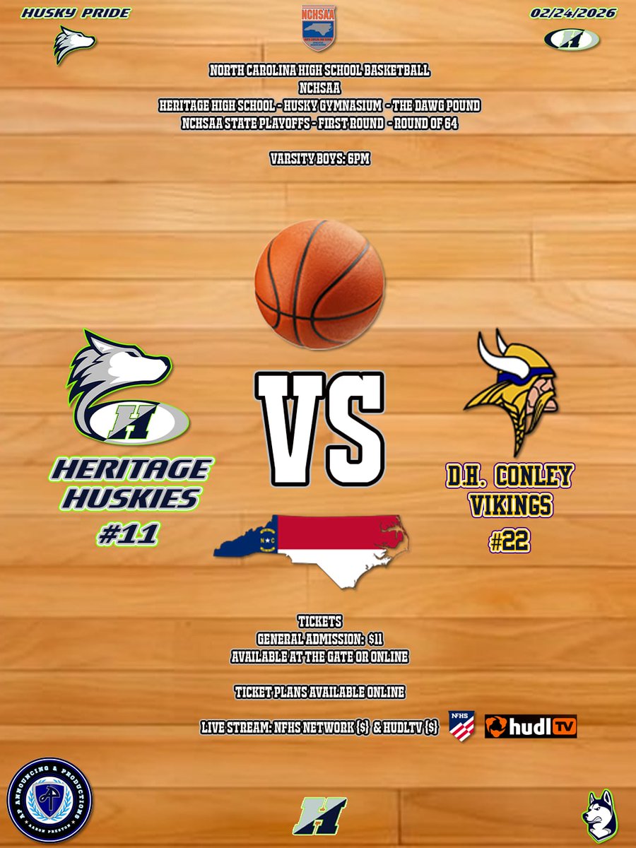 🌕Tonight (02/24/2026) 📅
🏫 High School Boys Basketball 🏀
State Playoffs

Heritage Huskies 🐺 
🆚
D.H. Conley Vikings 🟣🟡

📍Heritage High School - Husky Gymnasium

6pm 🕕

🎭 Black Out ⚫️ 

🎟 
$11
Available at Gate or Online

📺
NFHS Network {$}
HudlTV {$}

#HuskyPride