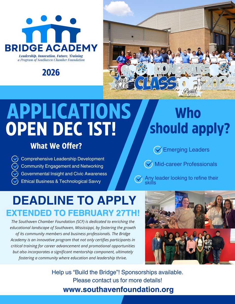 *FINAL CALL*

Don't miss your opportunity to learn more about Southaven, sharpen your leadership skills, and most importantly, make an impact with mentees of the next generation! To learn more about Bridge Academy and to apply, visit us 👉 bit.ly/3y6g1i4