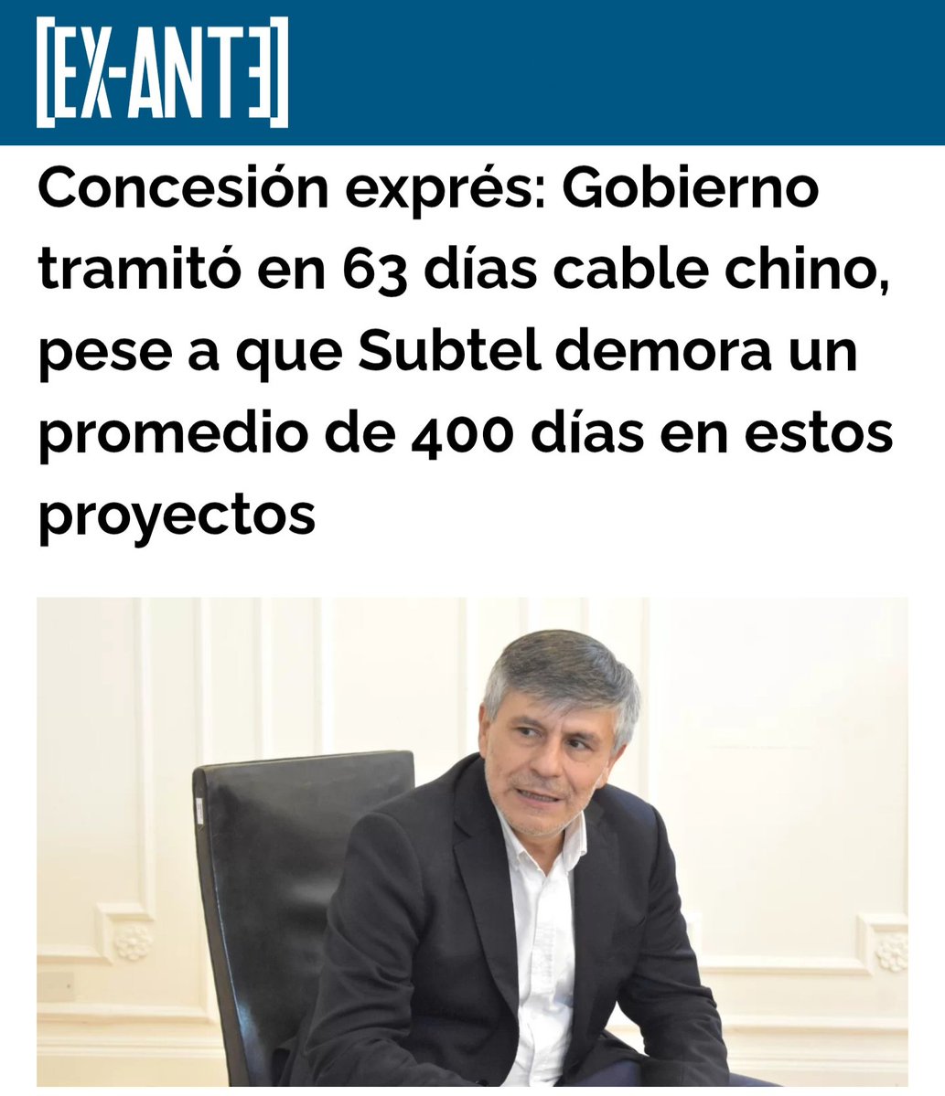 📰🇨🇱🇨🇳 Concesión exprés:

🔴 Gobierno tramitó en 63 días cable chino, pese a que Subtel demora un promedio de 400 días en estos proyectos