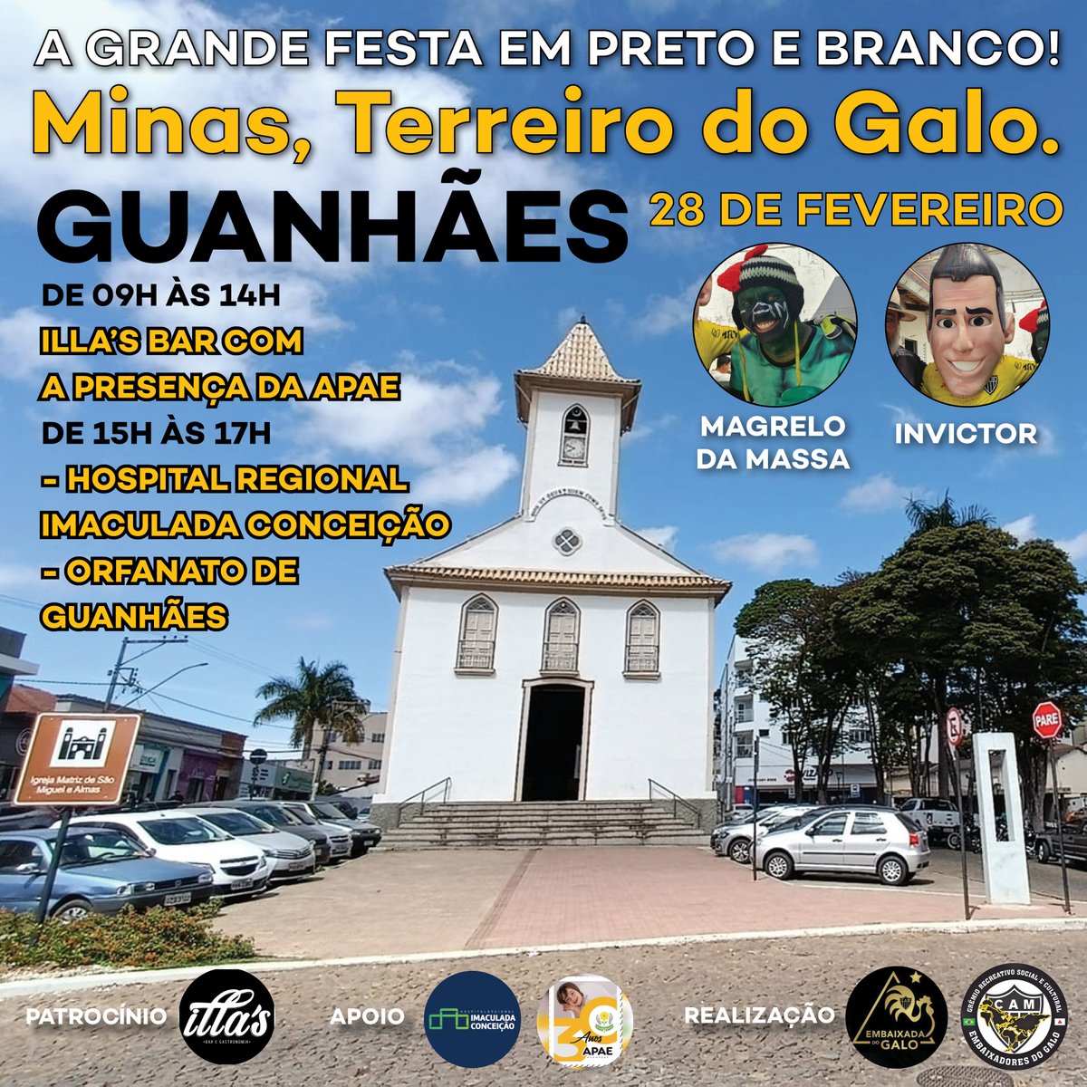 O Minas Terreiro do GALO está chegando, para levar solidariedade a Guanhães, com ações sociais especiais no hospital, no orfanato e no Illas Bar.

Faremos o bem em preto e branco, espalhando atleticanidade e carinho!

Vista o preto e branco, participe, ajude, compartilhe.