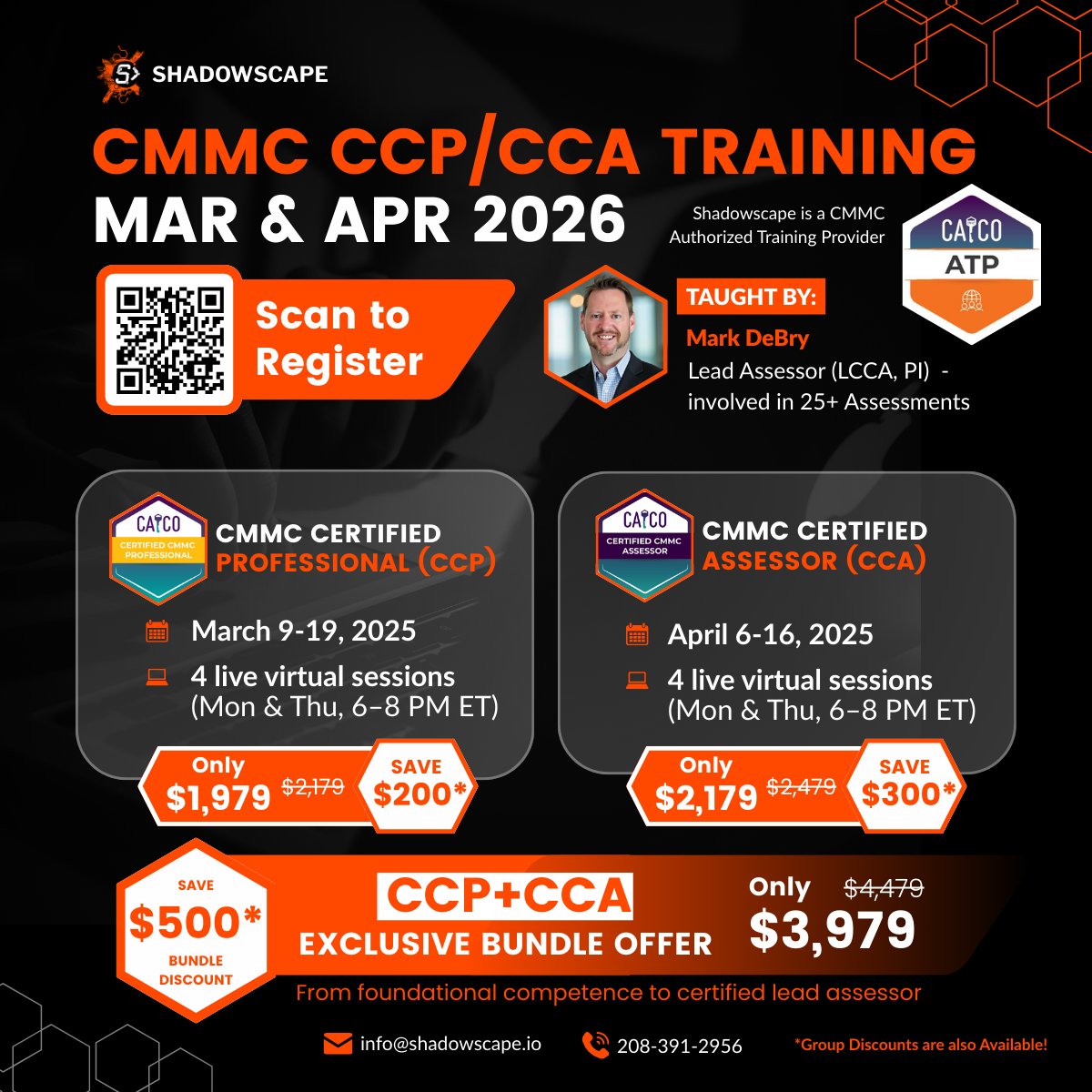 ShadowscapeTi's tweet photo. 🌱 Spring 2026 CMMC CCP / CCA Training — Now Open

Our Spring 2026 CMMC certification cohorts are live, continuing the momentum into the heart of the assessment season.

These courses are designed to take you from foundational CMMC competence to assessor-level readiness, with real-world insight into how assessments are actually conducted.

🧠 CMMC Certified Professional (CCP)
📅 March 9–19, 2026
🕕 4 live virtual sessions (Mon & Thu, 6–8 PM ET)
💰 $1,979 (Save $200)

🔒 CMMC Certified Assessor (CCA)
📅 April 6–16, 2026
🕕 4 live virtual sessions (Mon & Thu, 6–8 PM ET)
💰 $2,179 (Save $300)

🔥 CCP + CCA Bundle
Save $500 — from foundational competence to certified lead assessor readiness.

All courses are taught by Mark DeBry, Lead CMMC Assessor (LCCA, PI), with experience across 25+ CMMC assessments, sharing what assessors actually look for.

📲 Scan the QR code or visit https://t.co/RVklW1fx8a to register.
Group discounts available.

📌 #CMMC #CMMCTraining #CCP #CCA #DoDCompliance #DefenseIndustrialBase #CybersecurityCareers