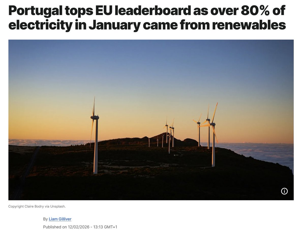 AssaadRazzouk's tweet image. Still think renewables can't power a modern economy? Portugal just hit 80.7% renewable electricity for the entire month of January. In the middle of winter

2017: 41.8% ("ceiling" skeptics said we couldn't break)
2023: 61.0% (Coal plants? GONE. Last one closed 2021)
2026: 80.7%