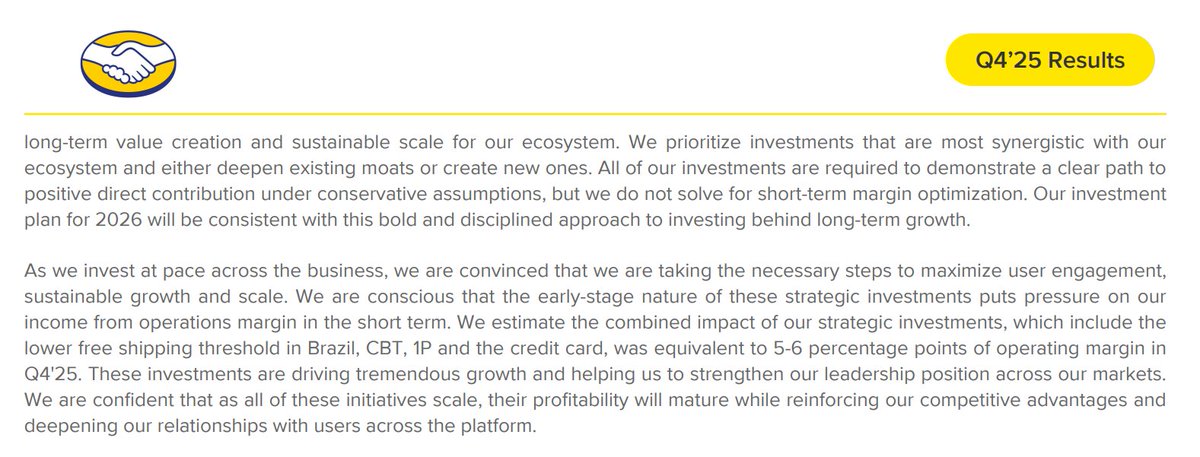 This is the most important section of $MELI's results.

The company doesn't care about profit margins today, and will always invest to capture growth and deepen the moat.

45% accelerating revenue growth on almost $30B of annual revenue is incredible.