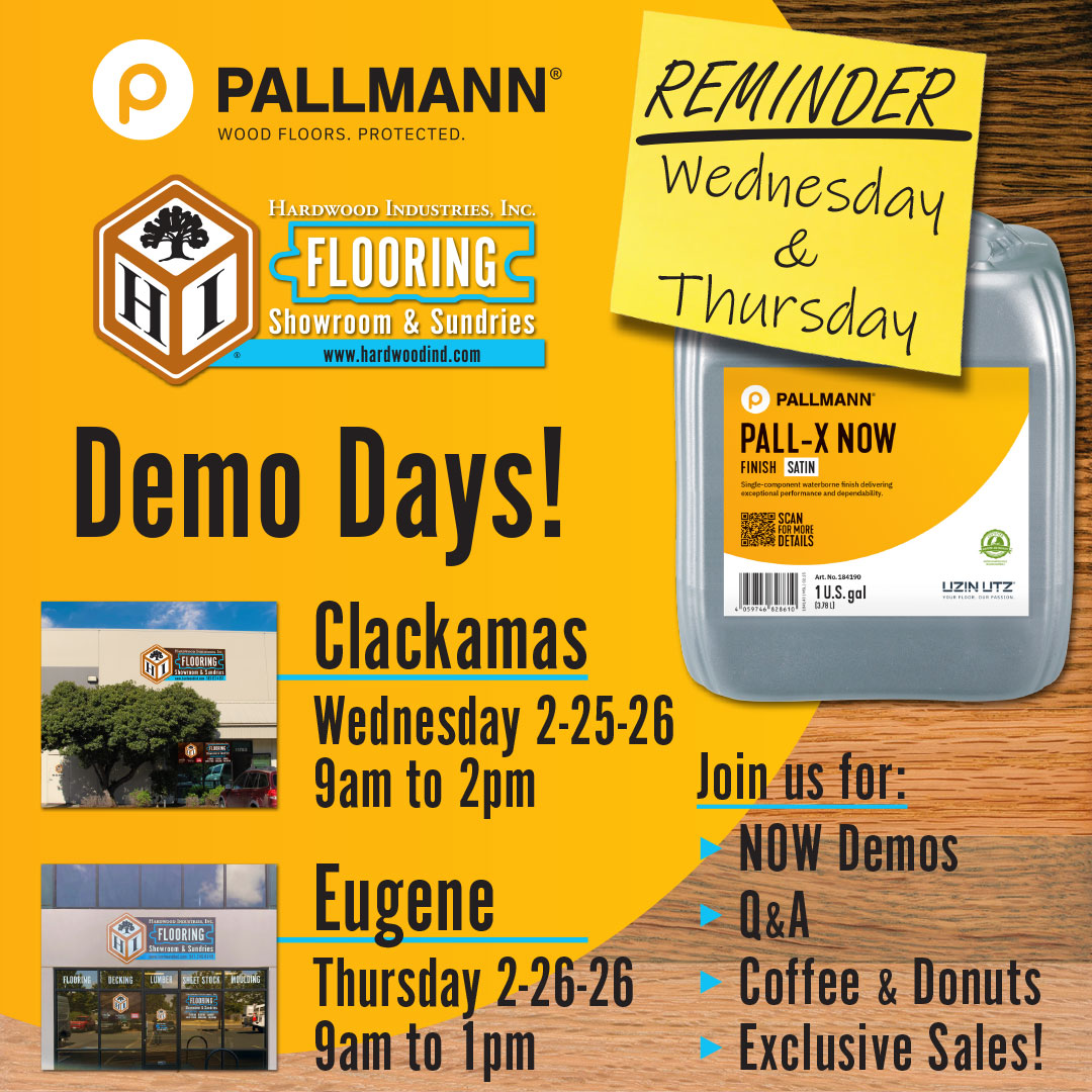 HardWdInd's tweet photo. REMINDER: Pallmann Demo Days this week!
Our rep will be showing off the new Pallmann NOW finish and more.
9am to 2pm at H.I. Clackamas on Wednesday the 25th, and 9am to 1pm at H.I. Eugene on Thursday the 26th.
Exclusive Pallmann sales during these events too.  Don't miss it! https://t.co/wcCaSrDBjZ