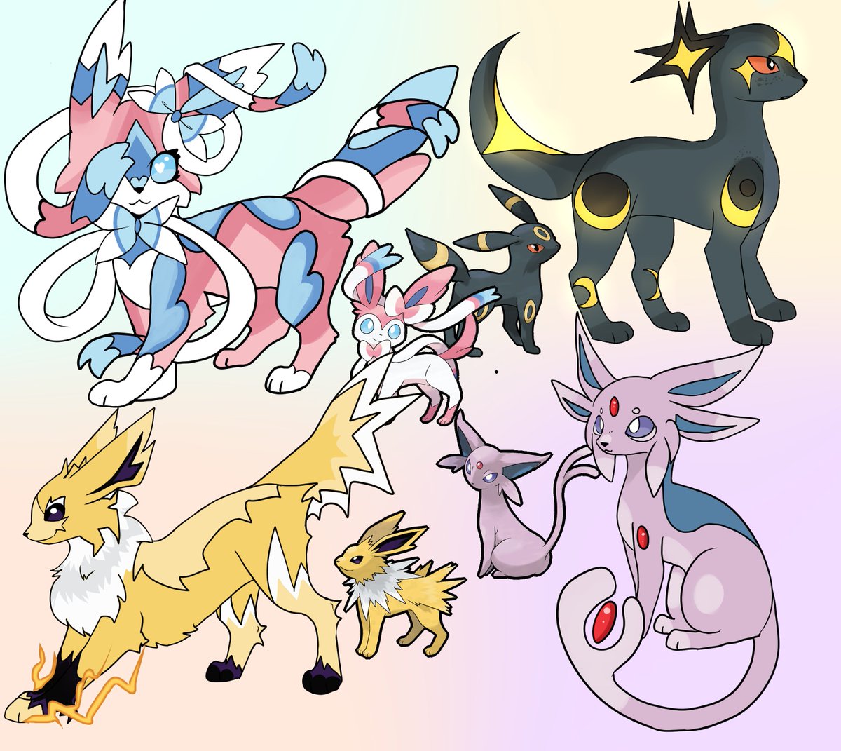 MittytheSimp's tweet photo. Pokemon redesign challange using only colors from official splasharts! 
#Sylveon 
#Umbreon
#Jolteon
#Espeon 
What #Pokemon should I do next? https://t.co/cRa1Y81KnU