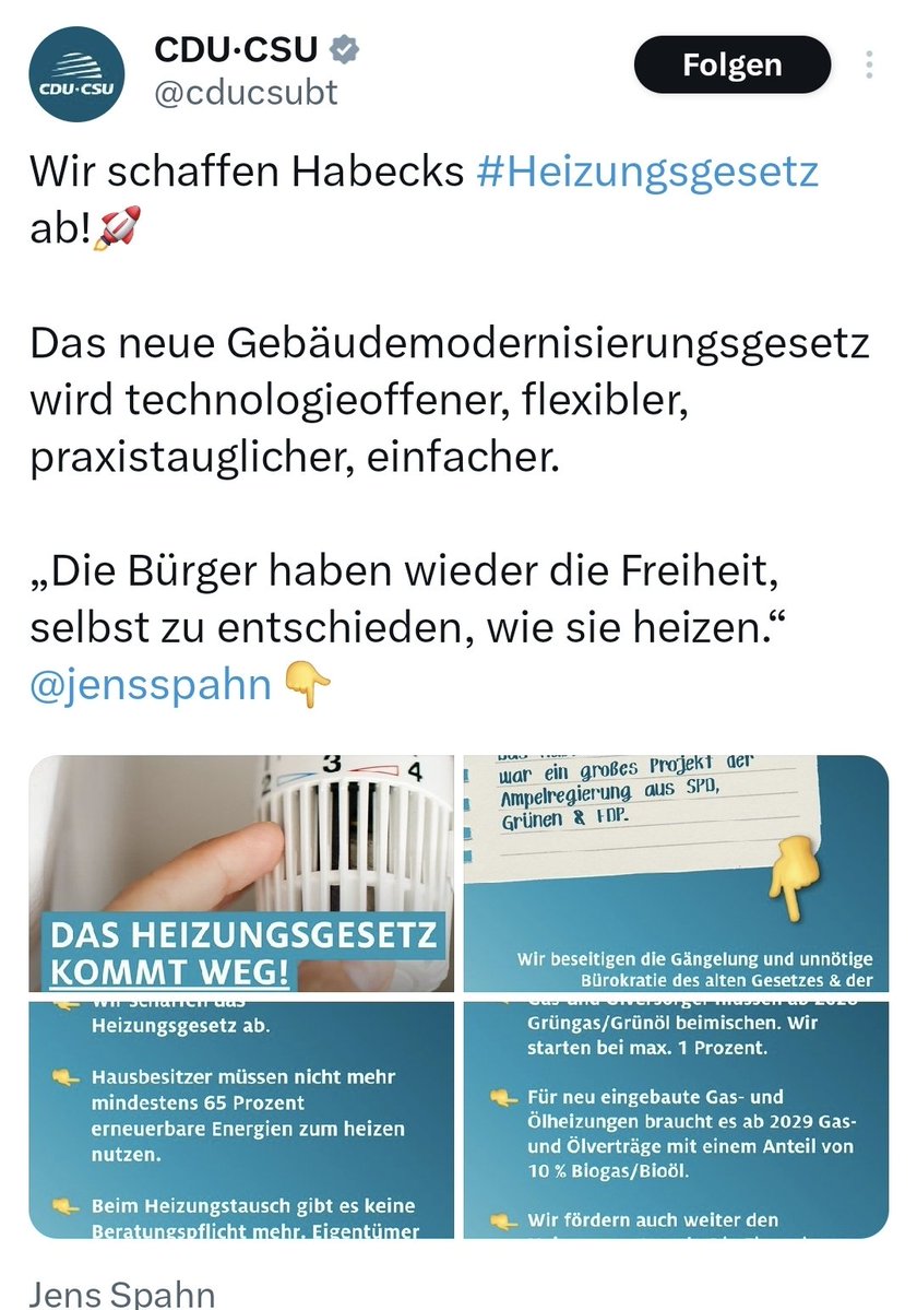 Das <a href="/BMWE_/">Bundesministerium für Wirtschaft und Energie</a> und die <a href="/cducsubt/">CDU·CSU</a> feiern das „Aus“ für das #GEG als Freiheit. 🥂 
In Wahrheit ist es ein Abo auf Energiearmut. 📉⛽️
Es wirkt wie Selbstsabotage, weil die Union hier kurzfristigen politischen Gewinn über langfristige wirtschaftliche Vernunft stellt.

Die Ironie dabei: