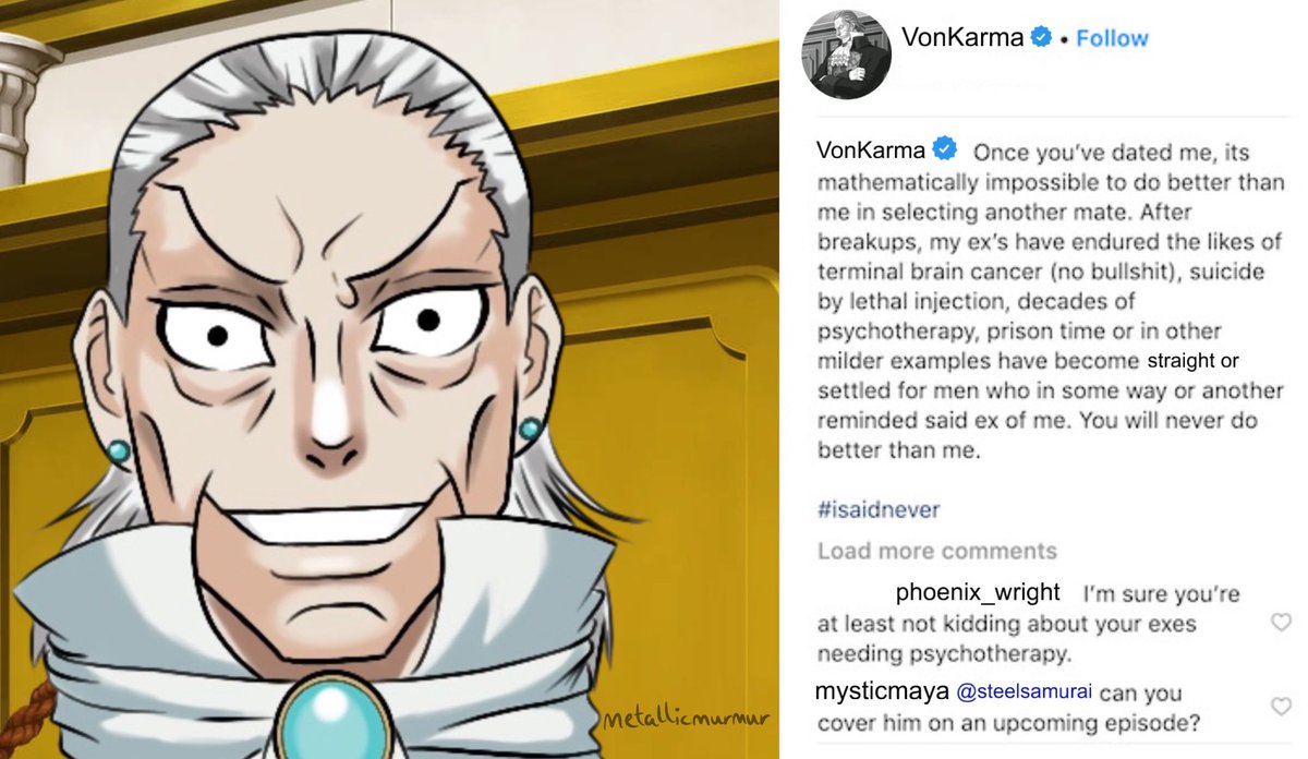 fadedred0's tweet photo. i never post on here but i just made this and thought it was funny #aceattorney #manfredvonkarma #phoenixwright #mayafey https://t.co/LUanwaBDzq