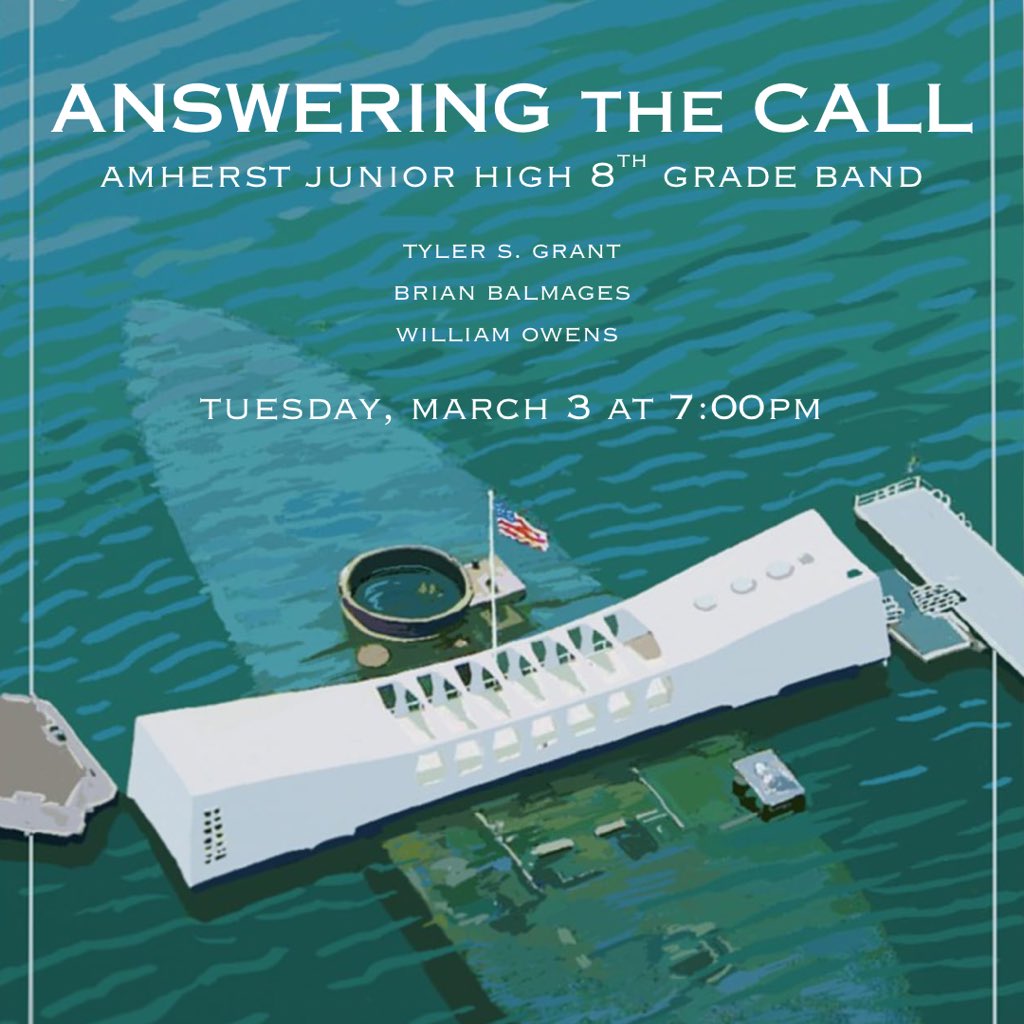 AmherstBands's tweet photo. Join us on March 3 for the 84th Annual Amherst Festival of Bands as the AJH 8th Grade Band performs their program “Answering the Call”, featuring Epic Venture by Tyler S. Grant, The Tears of Arizona by Brian Balmages, and Silversides by William Owens. #traditionofexcellence https://t.co/hEMptOeSSm