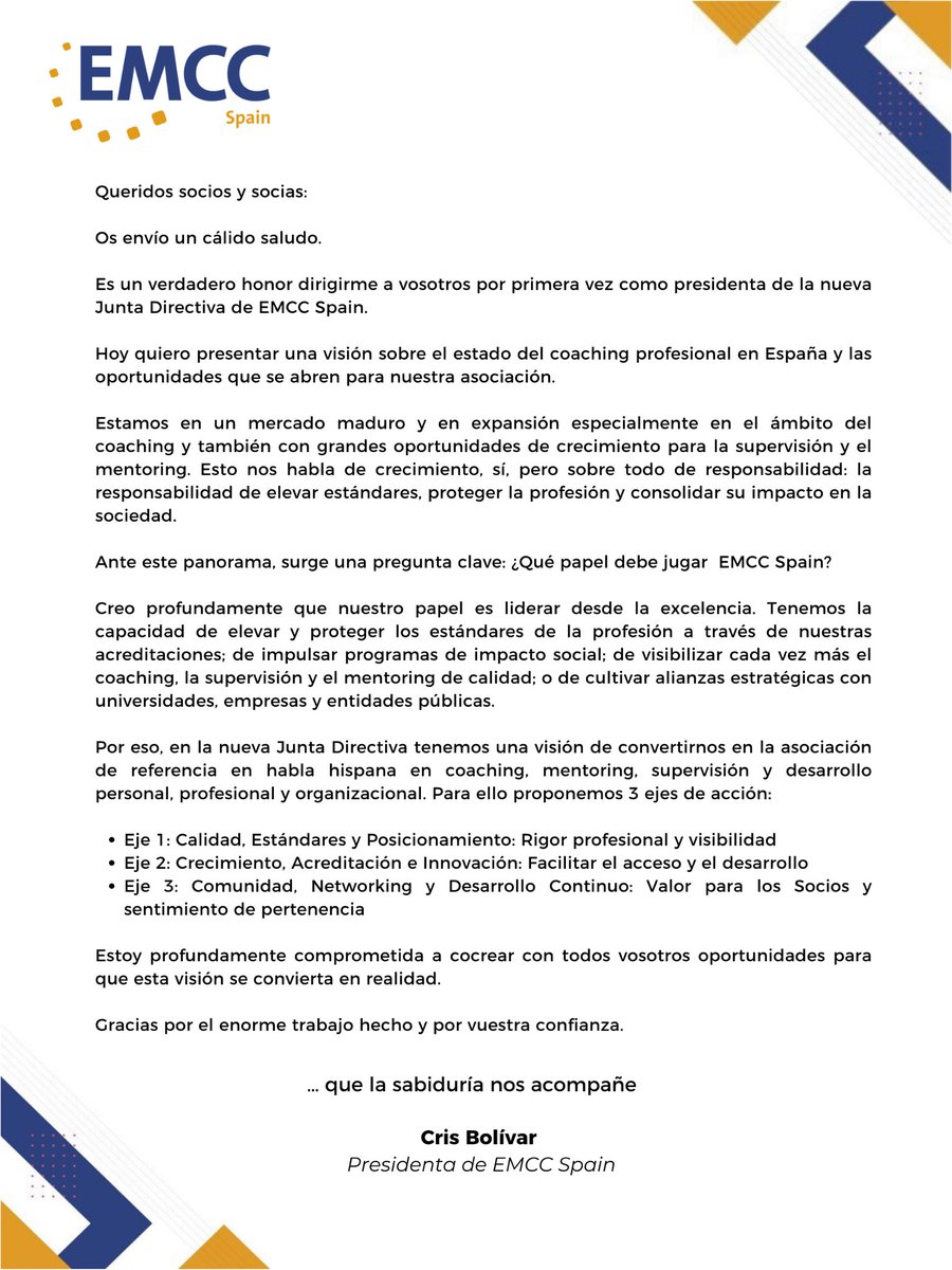 Feliz de dar comienzo a mi nueva posición como 
Presidenta de la EMCC Spain, 
junto a mis compañeros de Junta, con el apoyo de la Junta saliente y cocreando con el invaluable voluntariado de comités y grupos de trabajo.
🙏🏼🙏🏼🙏🏼

youtu.be/KPXmLsqYAug

emccspain.org