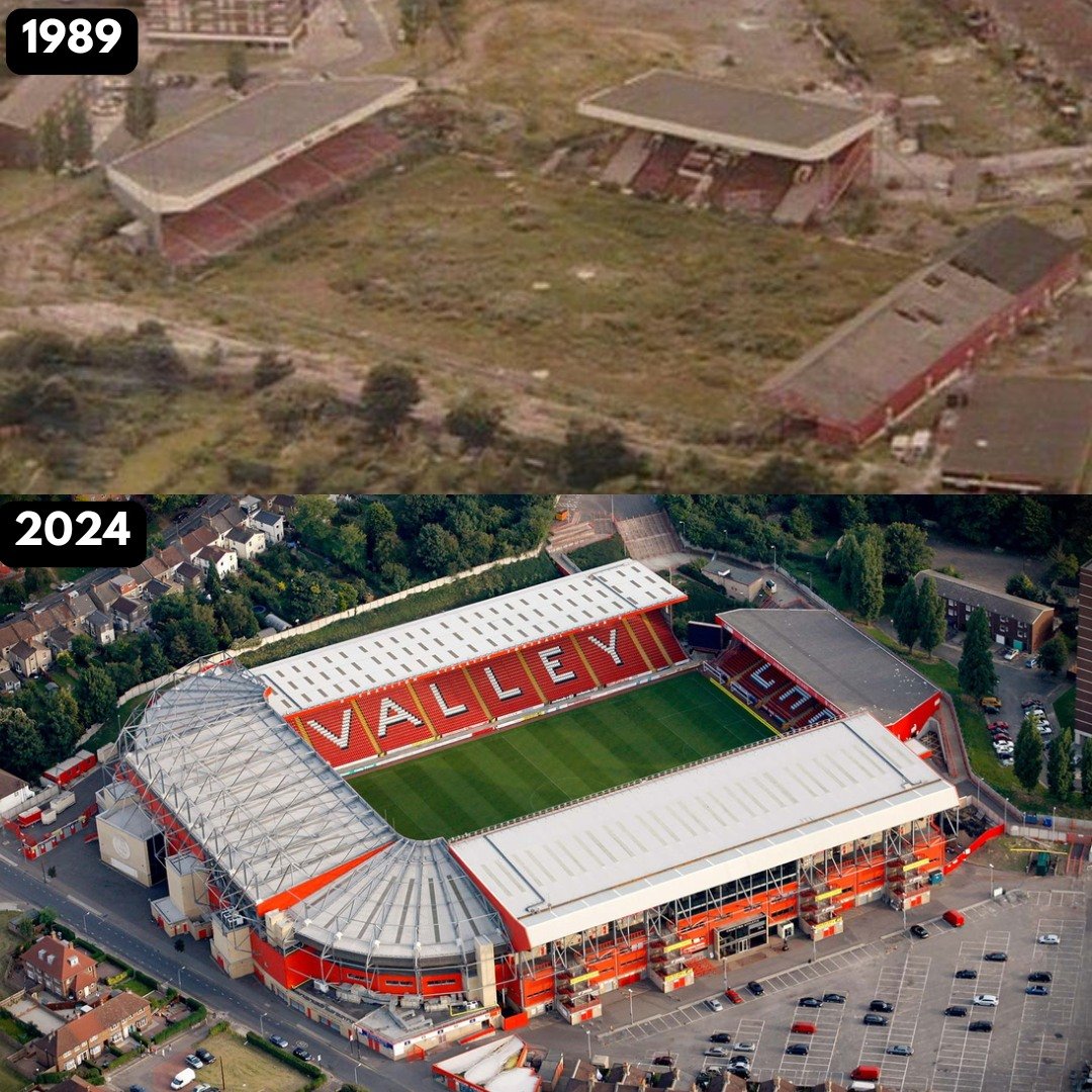 This picture shows Charlton Athletic’s Valley in the 1980s compared to how it looks today.

After Charlton were forced out in 1985 because of money problems and safety issues, the ground was left empty and slowly fell apart. For years it sat abandoned and overgrown, until a