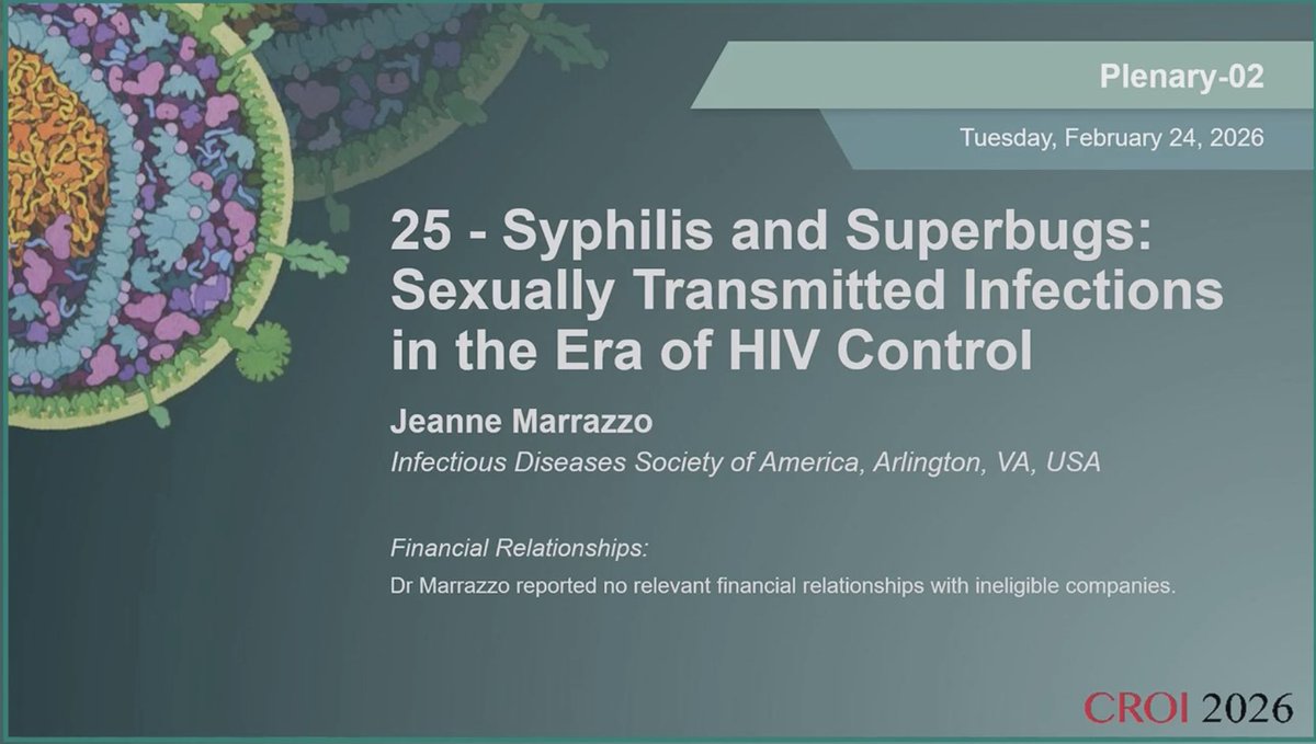fernando_bernal's tweet photo. 🧵 Sífilis, superbugs y DoxyPEP en la era del “control” del VIH | #CROI2026
1️⃣ Jeanne Marrazzo lanzó una pregunta incómoda: Estamos realmente controlando el VIH… o solo suprimiéndolo biológicamente (U=U)?

Mientras el VIH se controla, las ITS están aumentando. https://t.co/9PPs8K3XdQ