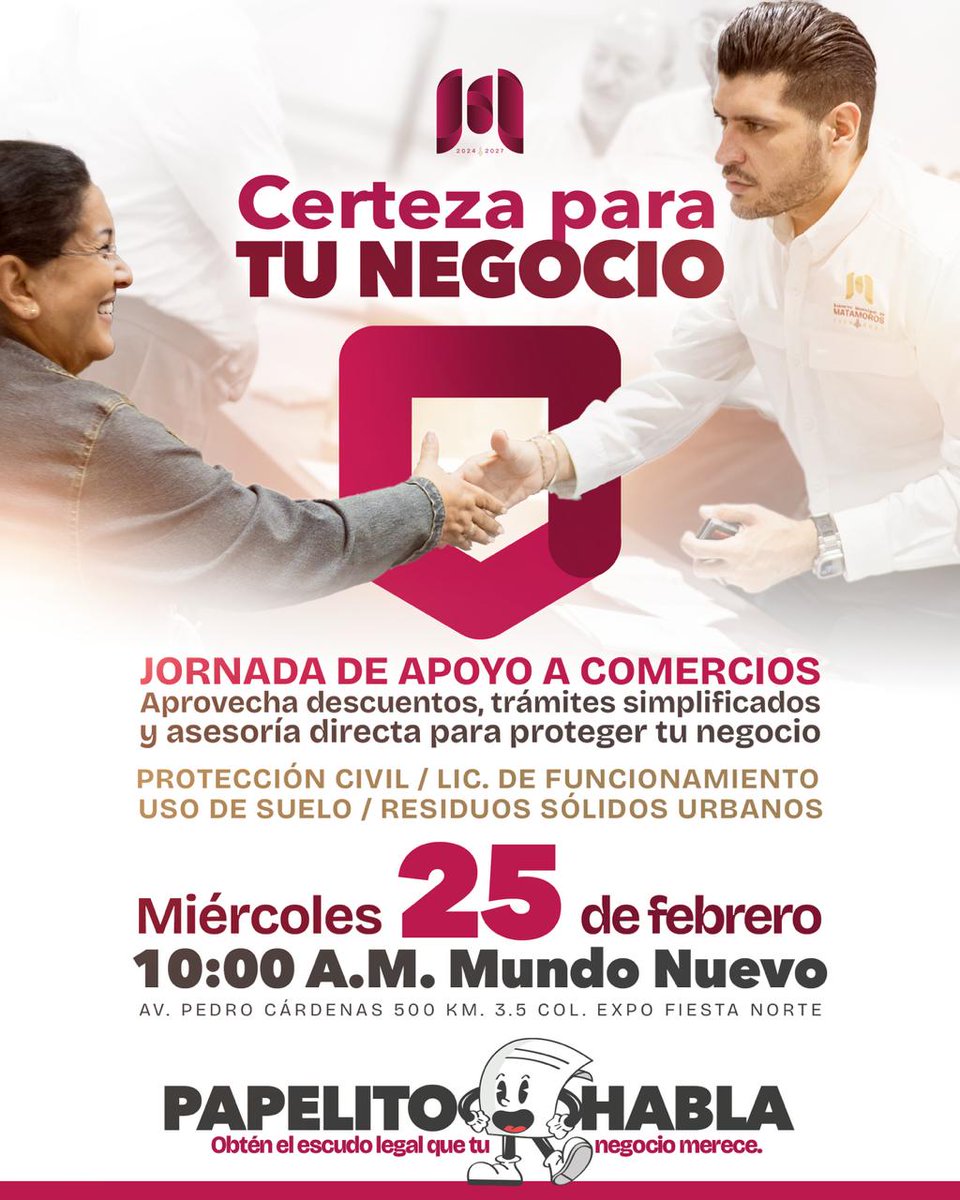 🏪📄 Este miércoles, a partir de las 10:00 a.m., te esperamos en el Centro de Convenciones Mundo Nuevo en la jornada “Certeza para tu Negocio”.

Accede a descuentos, trámites y orientación en Licencia de Funcionamiento, Uso de Suelo, Protección Civil y Residuos Sólidos Urbanos.