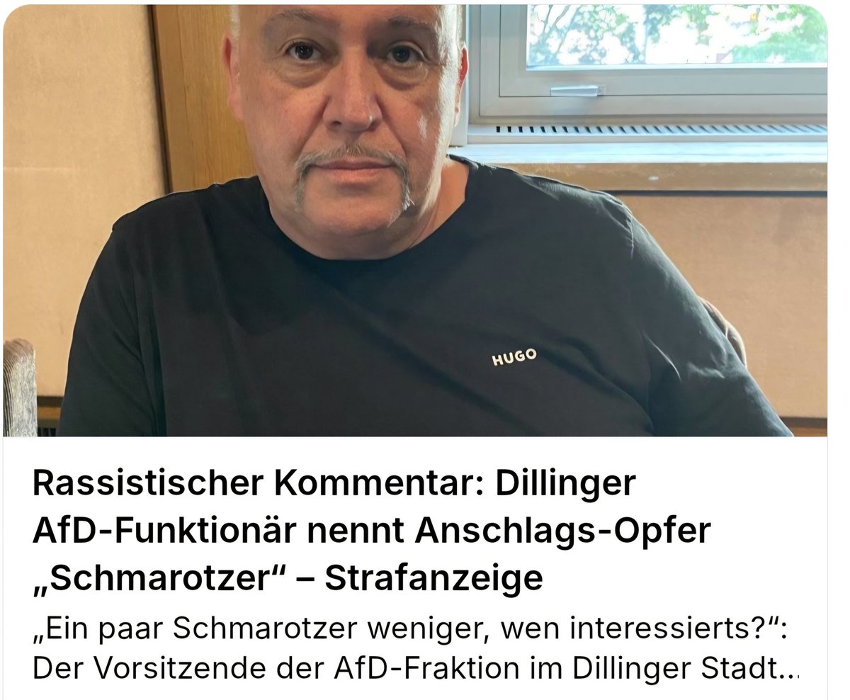 UNFASSBAR!

AfD-Kader bezeichnet Opfer von #Hanau als "Schmarotzer" - STRAFANZEIGE!

Vorsitz.AfD-Fraktion im Dillinger Stadtrat,Andreas Bausch,über Opfer von Hanau :
"Ein paar Schmarotzer weniger, 
wen interessierts"
DAS IST DIE WAHRE AFD!
#Wochenstart 
saarbruecker-zeitung.de/saarland/lande…