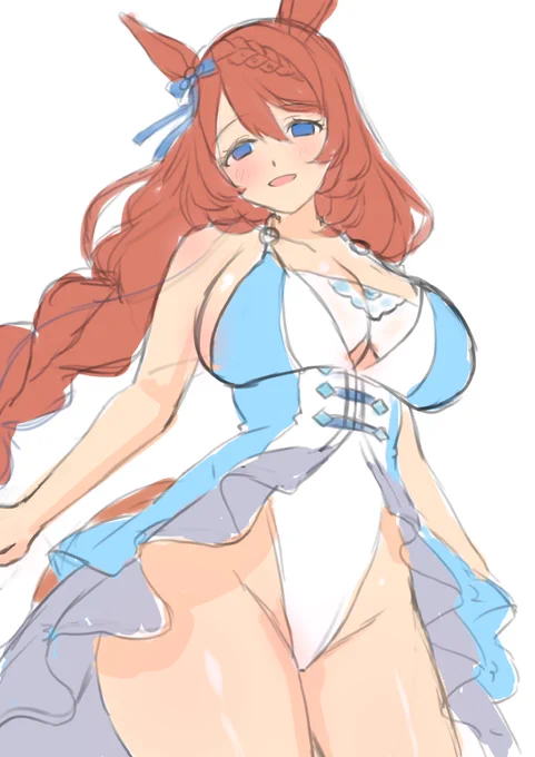 左の絵を描いてたんですがどうにも筆が進まず… パースのついた絵を練習しています 勝負服概念を強く残しつつ、ビキニから脱却した右の絵の方が「強く」ないですか? ブラ下の隙間とスカートをハイレグ化するというデザインでありながら、本来の勝負服の綺麗さを保持しており、三人並んでるより強い