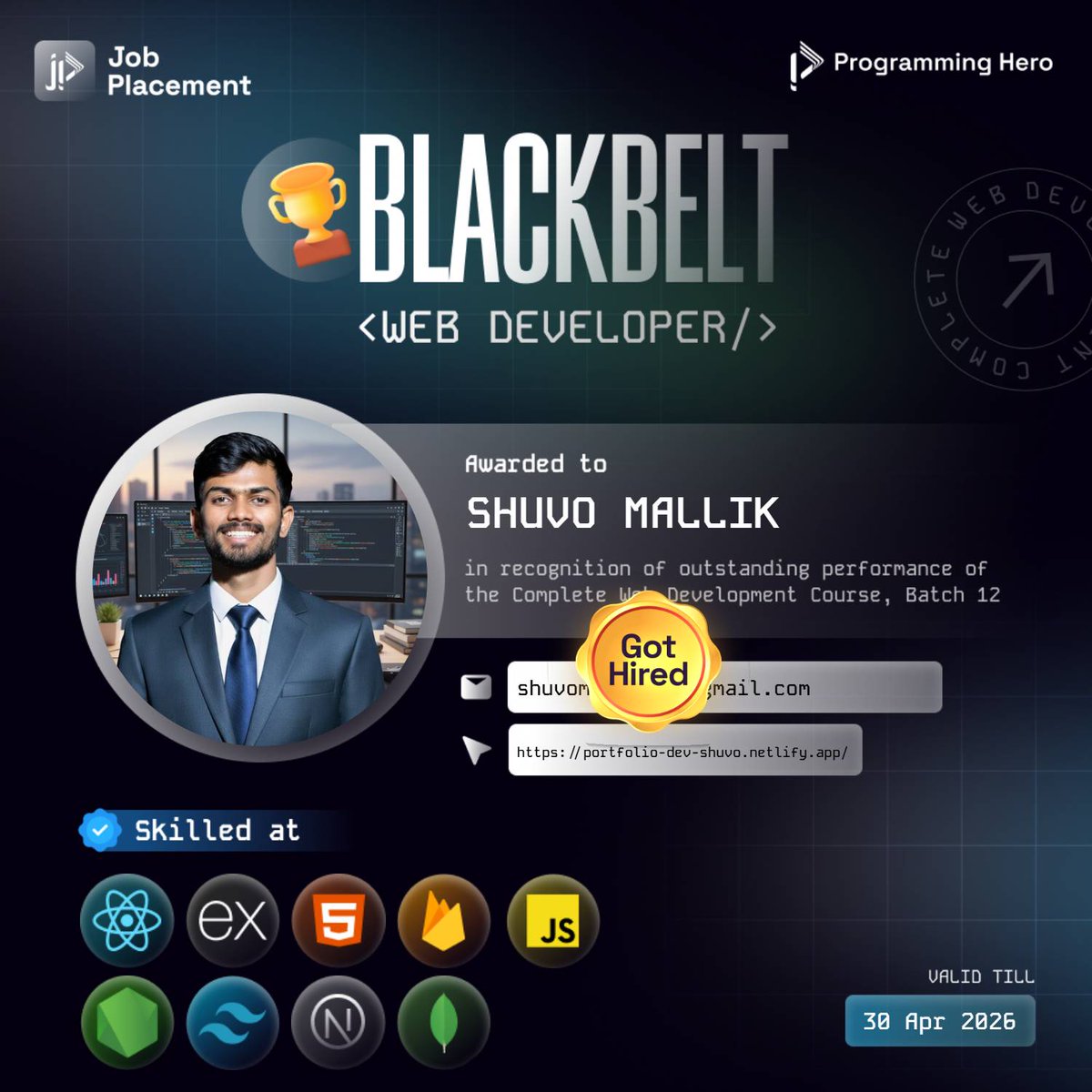 devShuvo25's tweet photo. Proud to announce that I’ve earned the Black Belt Award from Programming Hero for outstanding performance! 🥋🔥
Hard work, consistency, and dedication always pay off.
This is just the beginning 💪
#ProgrammingHero #DeveloperLife #Milestone #AchievementUnlocked 
#webdeveloper https://t.co/jlzSRixsAb