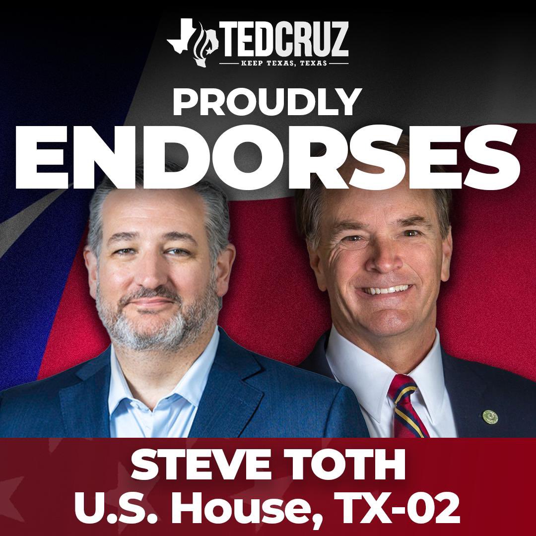 tedcruz's tweet photo. I am proud to endorse @SteveTothTX for Congress in Texas’s 2nd Congressional District. 

Steve faithfully served the people of Texas in the Texas House of Representatives, championing our Texas values of liberty, limited government, and constitutional governance. 

Steve is an unwavering fighter for school choice, fiscal responsibility, and the next generation of Americans. Washington needs bold leadership and representatives who will stand up for Texans at every turn. 

Steve has the experience, the courage, and the conviction to do just that. I’m honored to support his campaign and urge voters in Texas’s 2nd Congressional District to join me in electing Steve Toth to Congress.