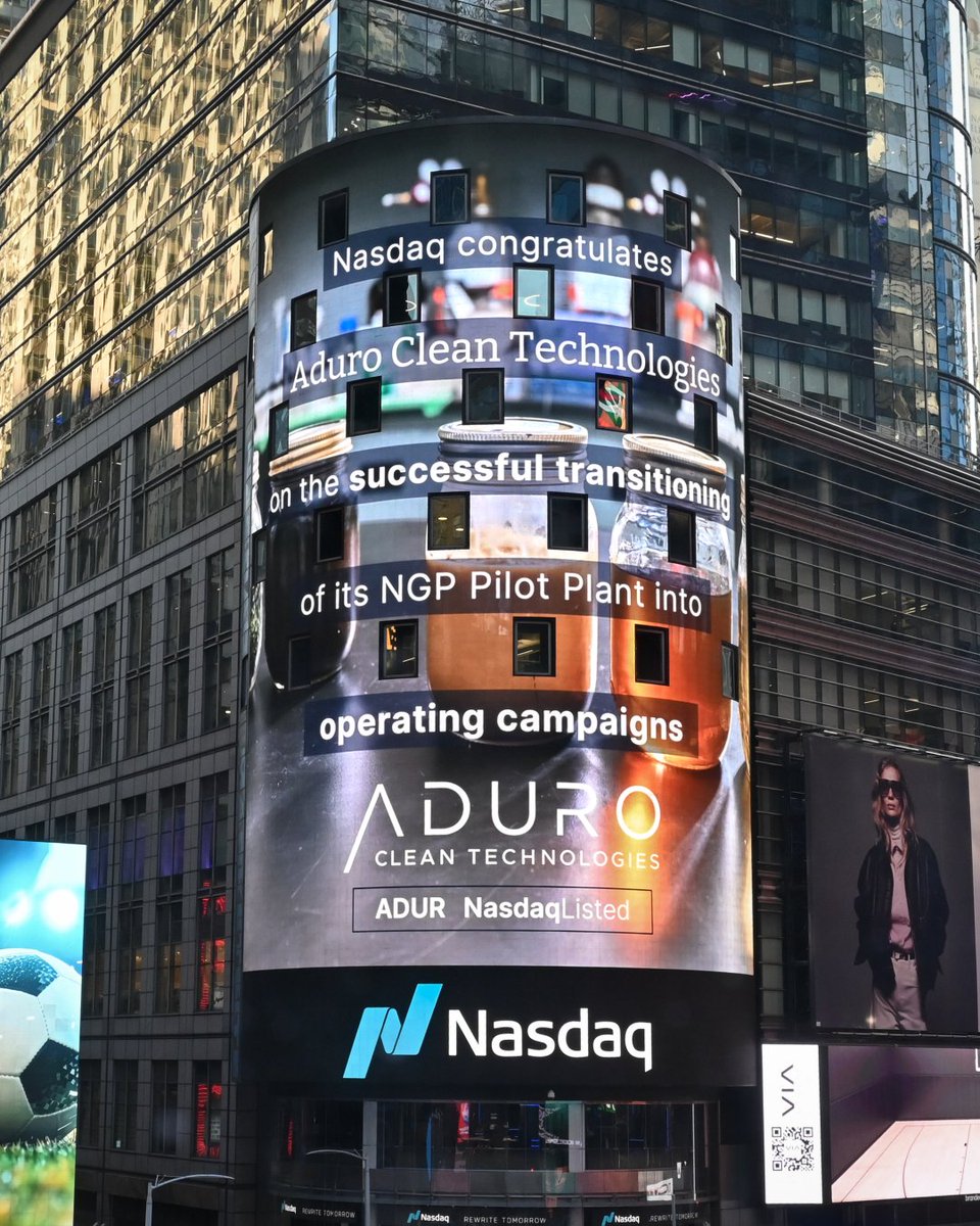 AduroCleanTech's tweet image. Always excited to see our name on the famous @Nasdaq Tower in #TimesSquare—especially as #Nasdaq shared our announcement of the NGP Pilot Plant launch, spotlighting our continued progress from validated chemistry to pilot-scale execution. #NasdaqListed $ADUR #CleanTech