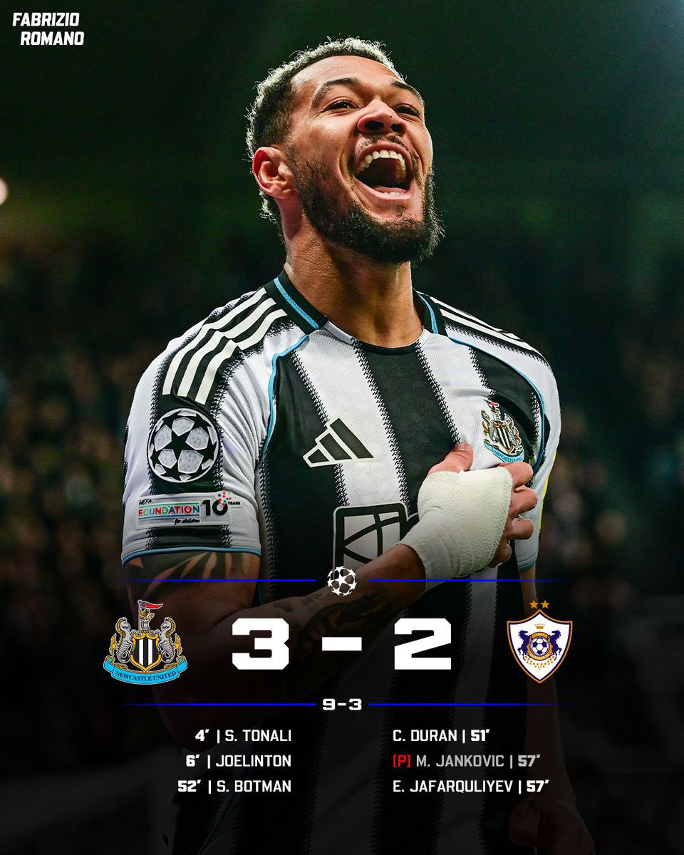 FabrizioRomano's tweet photo. 🚨 Newcastle qualify to Champions League round of 16 — Qarabag have been eliminated!

Who’s been your Man of the Match? https://t.co/5lucWN4B9z